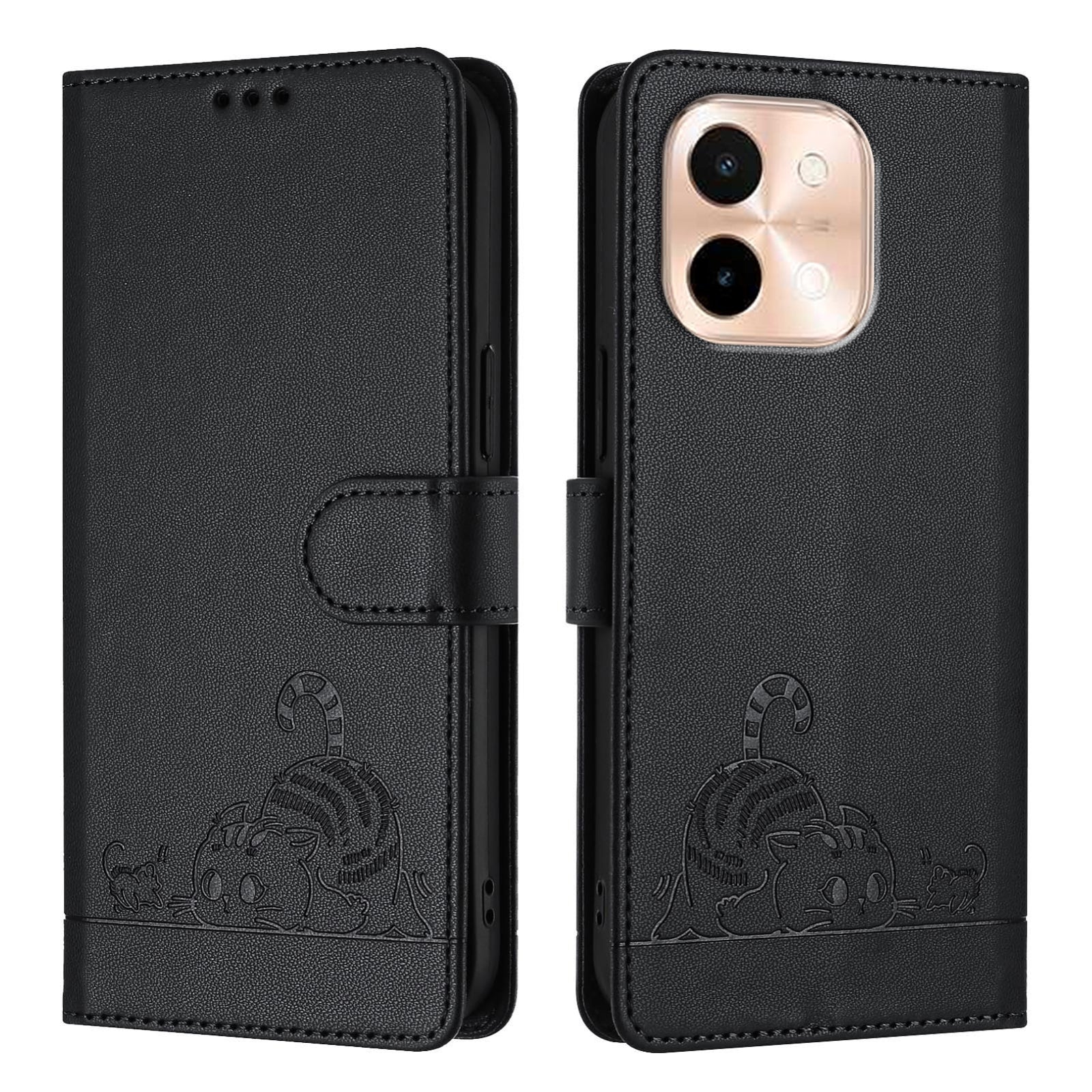 vivo Y28 4G Cat and Mouse Embossed PU Leather RFID Case with Wallet Slots, Anti-Fall Protection, Kickstand, and Lanyard-buycases.co.uk