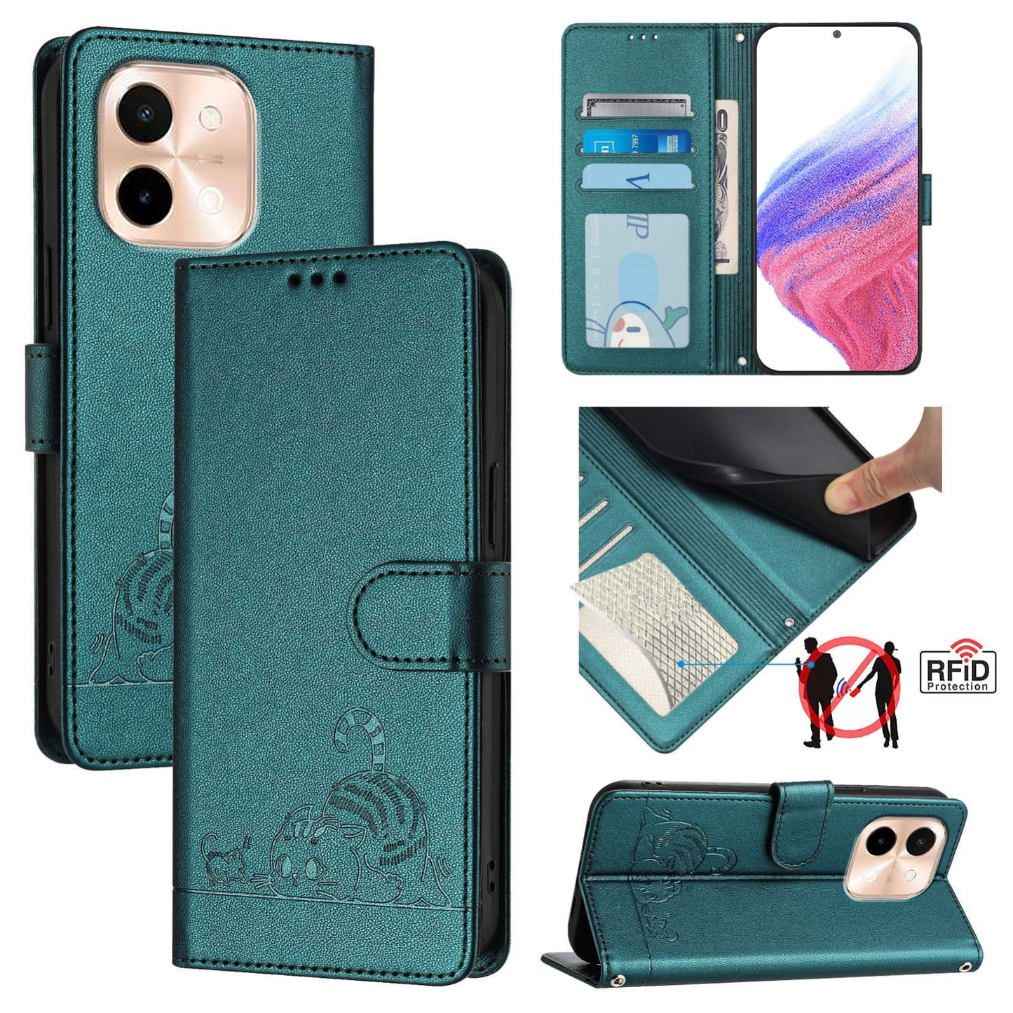 vivo Y28 4G Cat and Mouse Embossed PU Leather RFID Case with Wallet Slots, Anti-Fall Protection, Kickstand, and Lanyard-buycases.co.uk