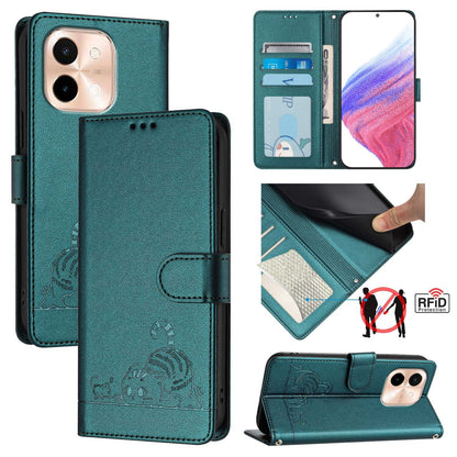 vivo Y28 4G Cat and Mouse Embossed PU Leather RFID Case with Wallet Slots, Anti-Fall Protection, Kickstand, and Lanyard-buycases.co.uk