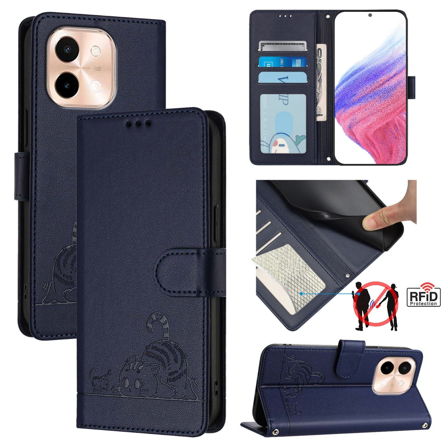 vivo Y28 4G Cat and Mouse Embossed PU Leather RFID Case with Wallet Slots, Anti-Fall Protection, Kickstand, and Lanyard-buycases.co.uk