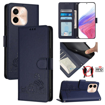 vivo Y28 4G Cat and Mouse Embossed PU Leather RFID Case with Wallet Slots, Anti-Fall Protection, Kickstand, and Lanyard-buycases.co.uk