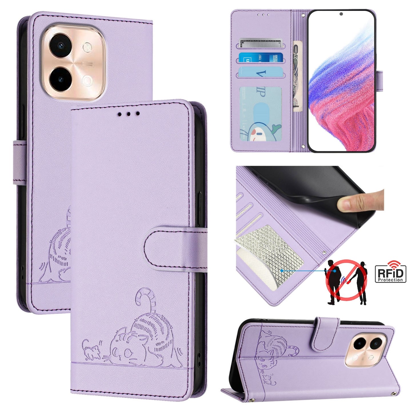 vivo Y28 4G Cat and Mouse Embossed PU Leather RFID Case with Wallet Slots, Anti-Fall Protection, Kickstand, and Lanyard-buycases.co.uk