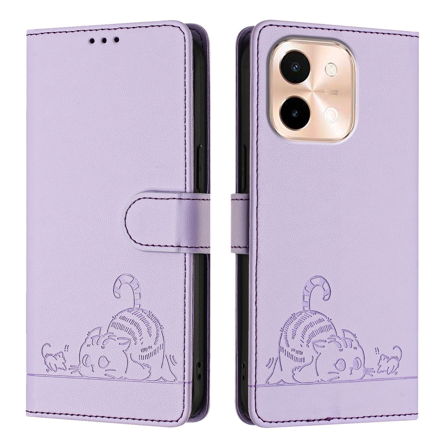 vivo Y28 4G Cat and Mouse Embossed PU Leather RFID Case with Wallet Slots, Anti-Fall Protection, Kickstand, and Lanyard-buycases.co.uk