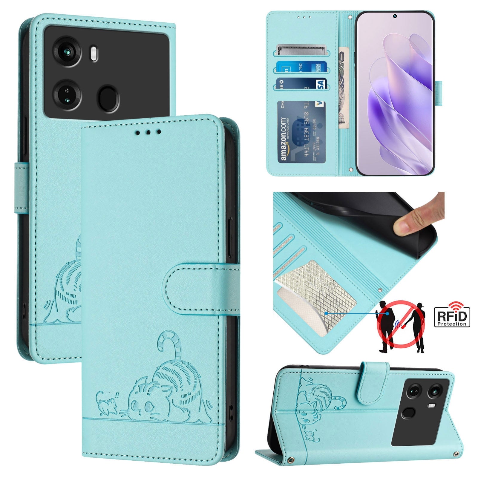 itel P40 Cat and Mouse Embossed PU Leather RFID Case with Wallet Slots, Anti-Fall Protection, Kickstand, and Lanyard-buycases.co.uk