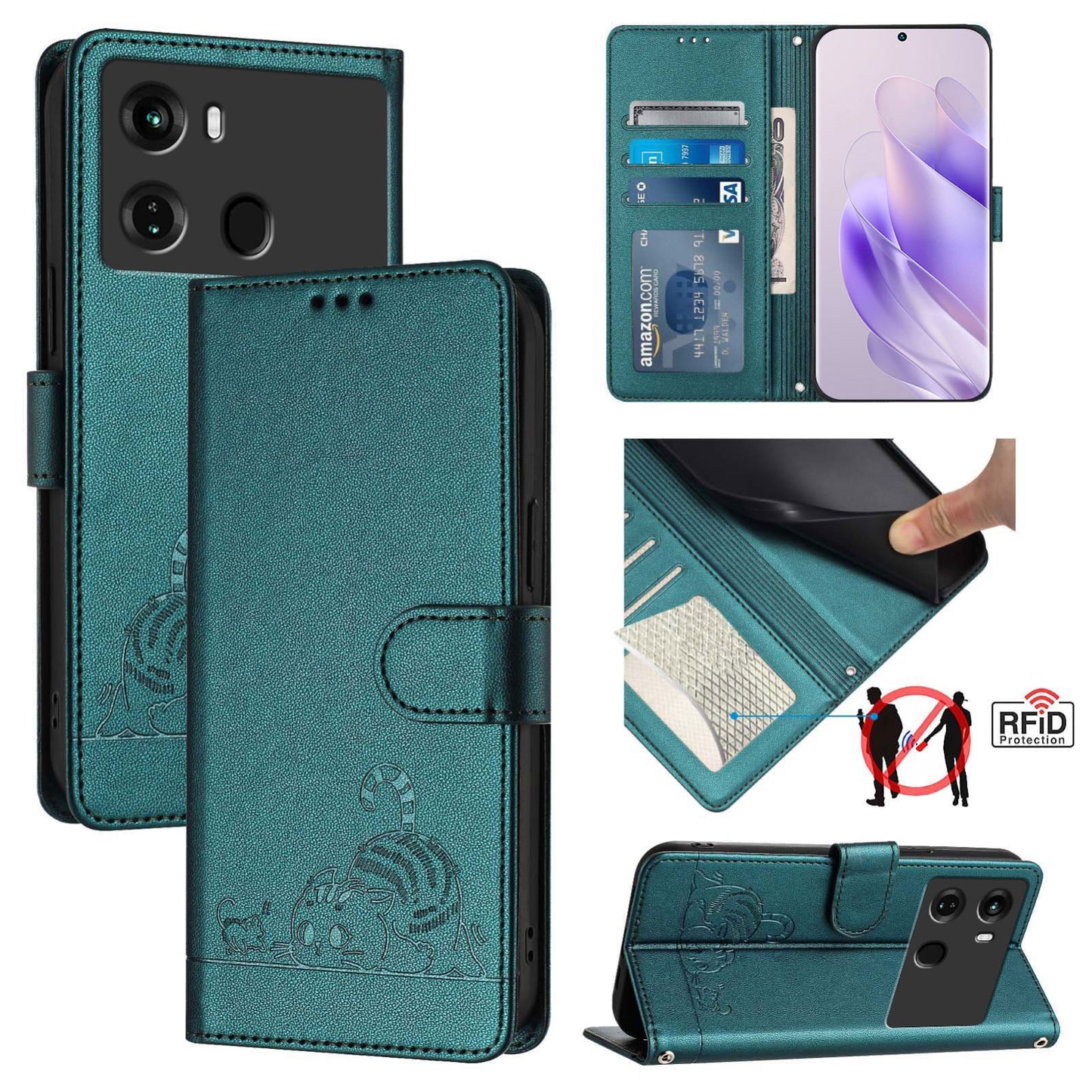 itel P40 Cat and Mouse Embossed PU Leather RFID Case with Wallet Slots, Anti-Fall Protection, Kickstand, and Lanyard-buycases.co.uk