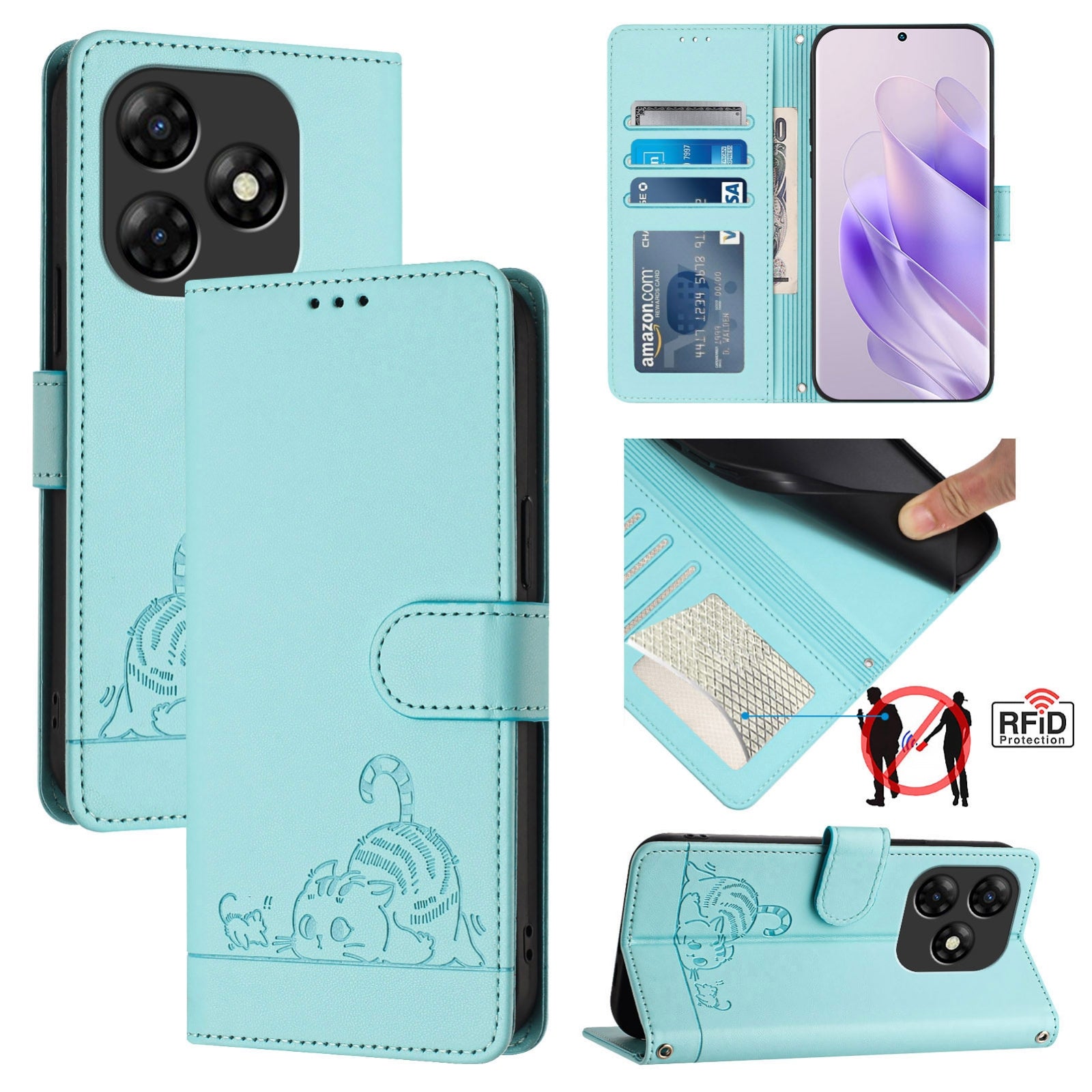 itel P55 4G Cat and Mouse Embossed PU Leather RFID Case with Wallet Slots, Anti-Fall Protection, Kickstand, and Lanyard-buycases.co.uk