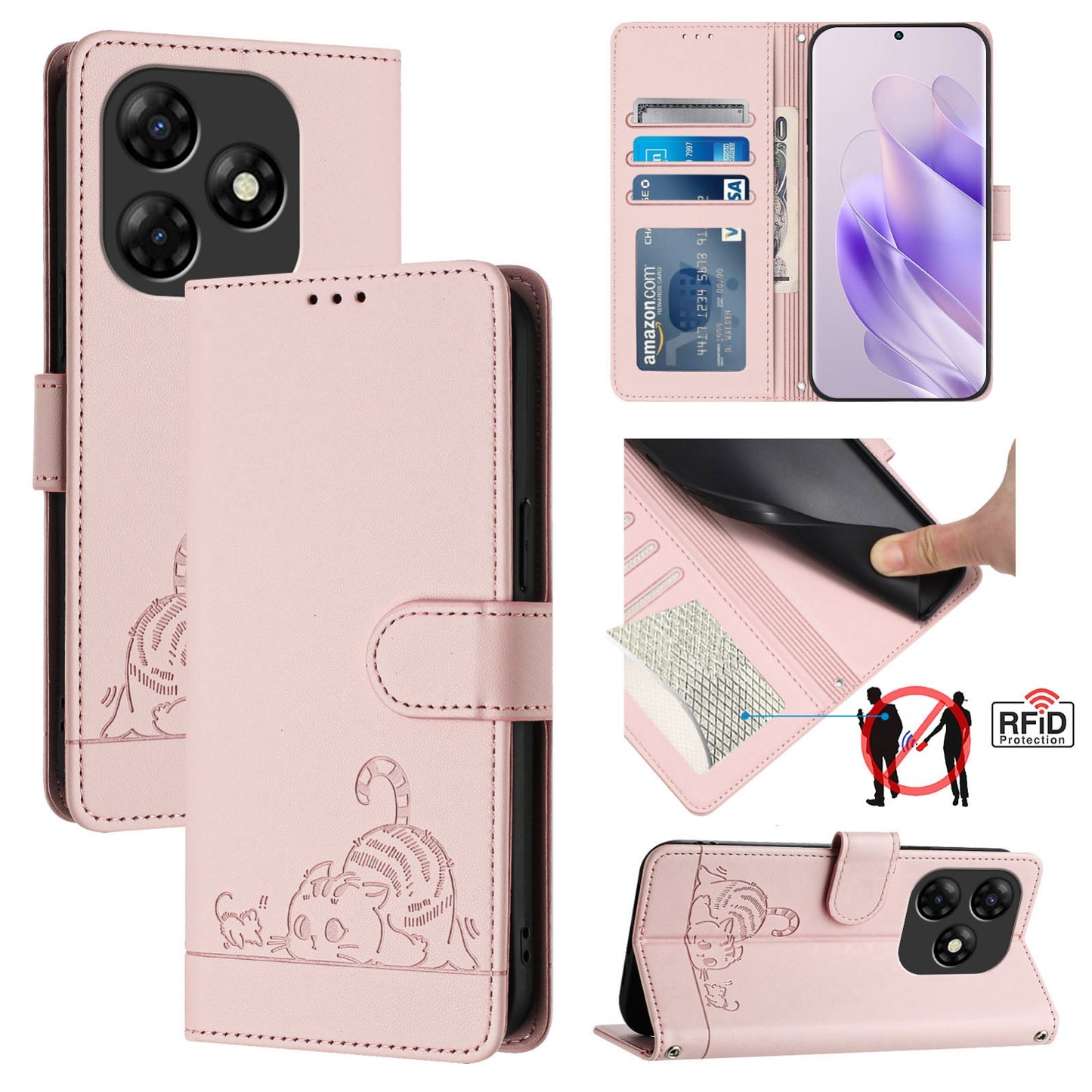 itel P55 4G Cat and Mouse Embossed PU Leather RFID Case with Wallet Slots, Anti-Fall Protection, Kickstand, and Lanyard-buycases.co.uk