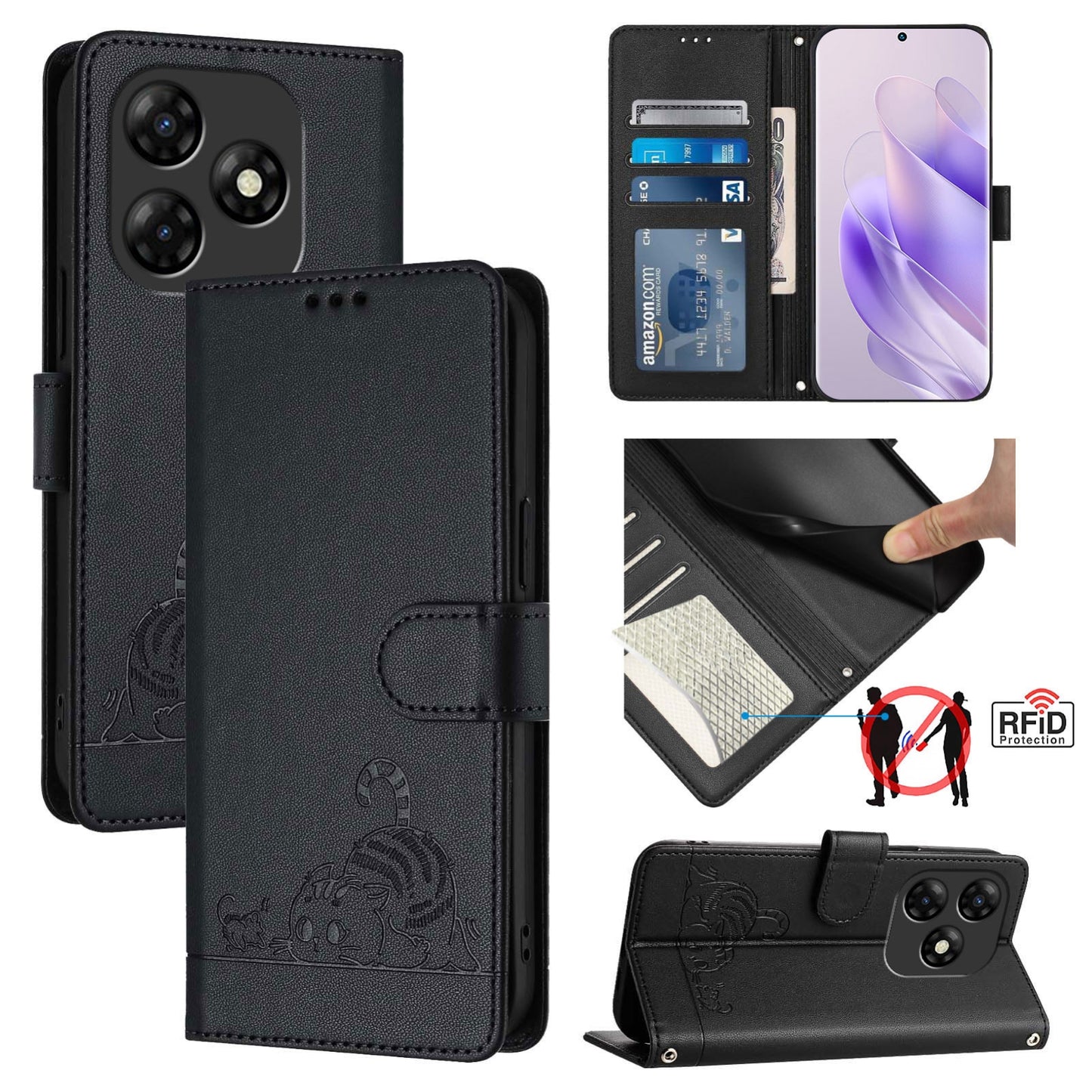 itel P55 4G Cat and Mouse Embossed PU Leather RFID Case with Wallet Slots, Anti-Fall Protection, Kickstand, and Lanyard-buycases.co.uk