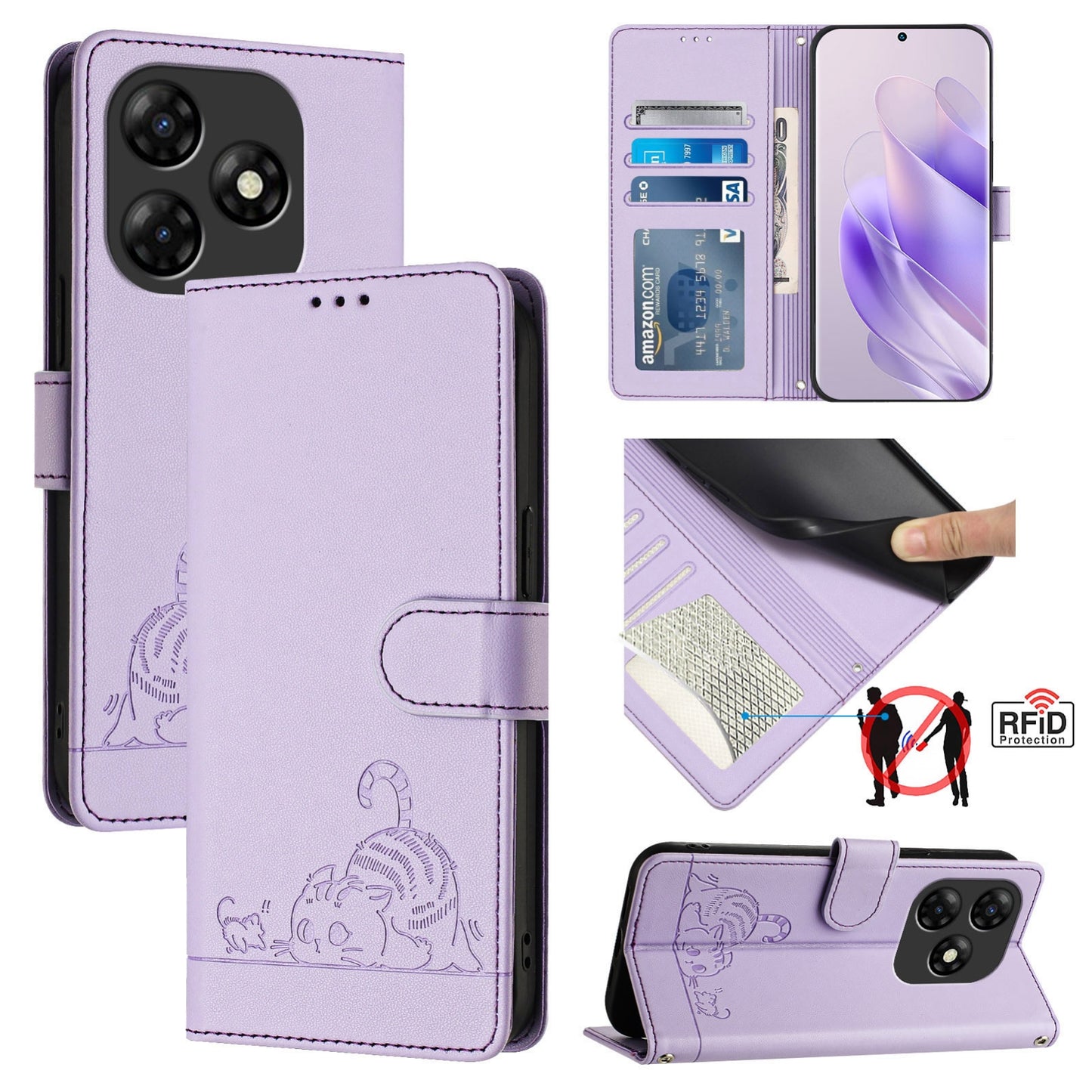itel P55 4G Cat and Mouse Embossed PU Leather RFID Case with Wallet Slots, Anti-Fall Protection, Kickstand, and Lanyard-buycases.co.uk