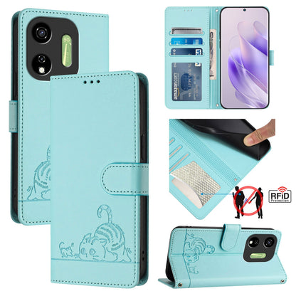 itel P55 5G Cat and Mouse Embossed PU Leather RFID Case with Wallet Slots, Anti-Fall Protection, Kickstand, and Lanyard-buycases.co.uk