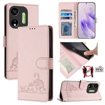 itel P55 5G Cat and Mouse Embossed PU Leather RFID Case with Wallet Slots, Anti-Fall Protection, Kickstand, and Lanyard-buycases.co.uk