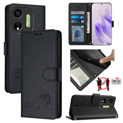 itel P55 5G Cat and Mouse Embossed PU Leather RFID Case with Wallet Slots, Anti-Fall Protection, Kickstand, and Lanyard-buycases.co.uk