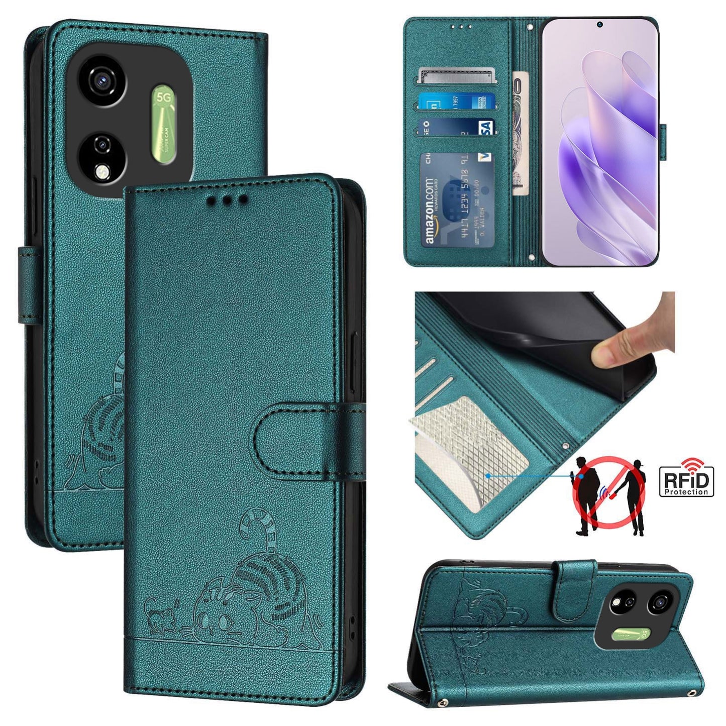 itel P55 5G Cat and Mouse Embossed PU Leather RFID Case with Wallet Slots, Anti-Fall Protection, Kickstand, and Lanyard-buycases.co.uk