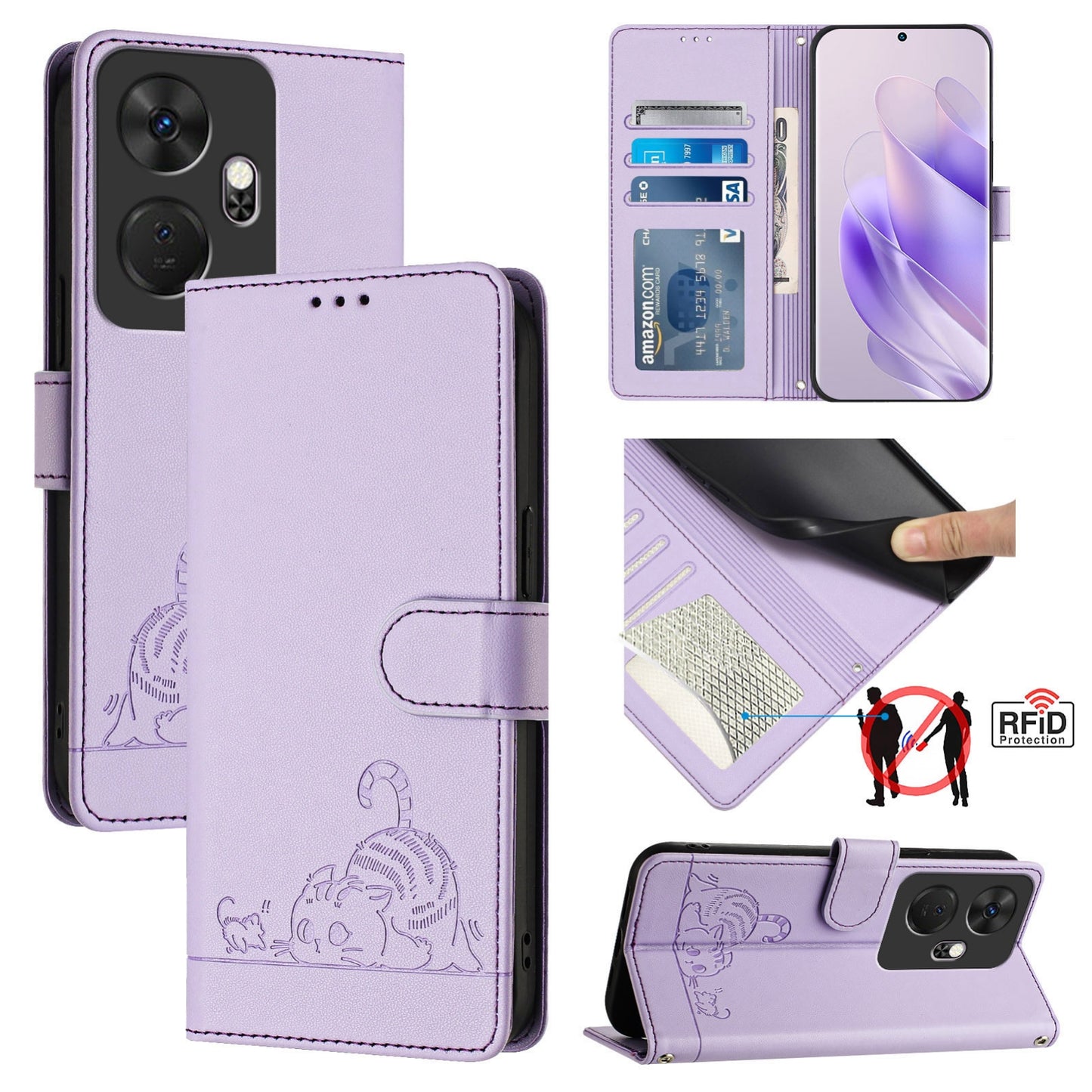 itel P55+ Cat and Mouse Embossed PU Leather RFID Case with Wallet Slots, Anti-Fall Protection, Kickstand, and Lanyard-buycases.co.uk