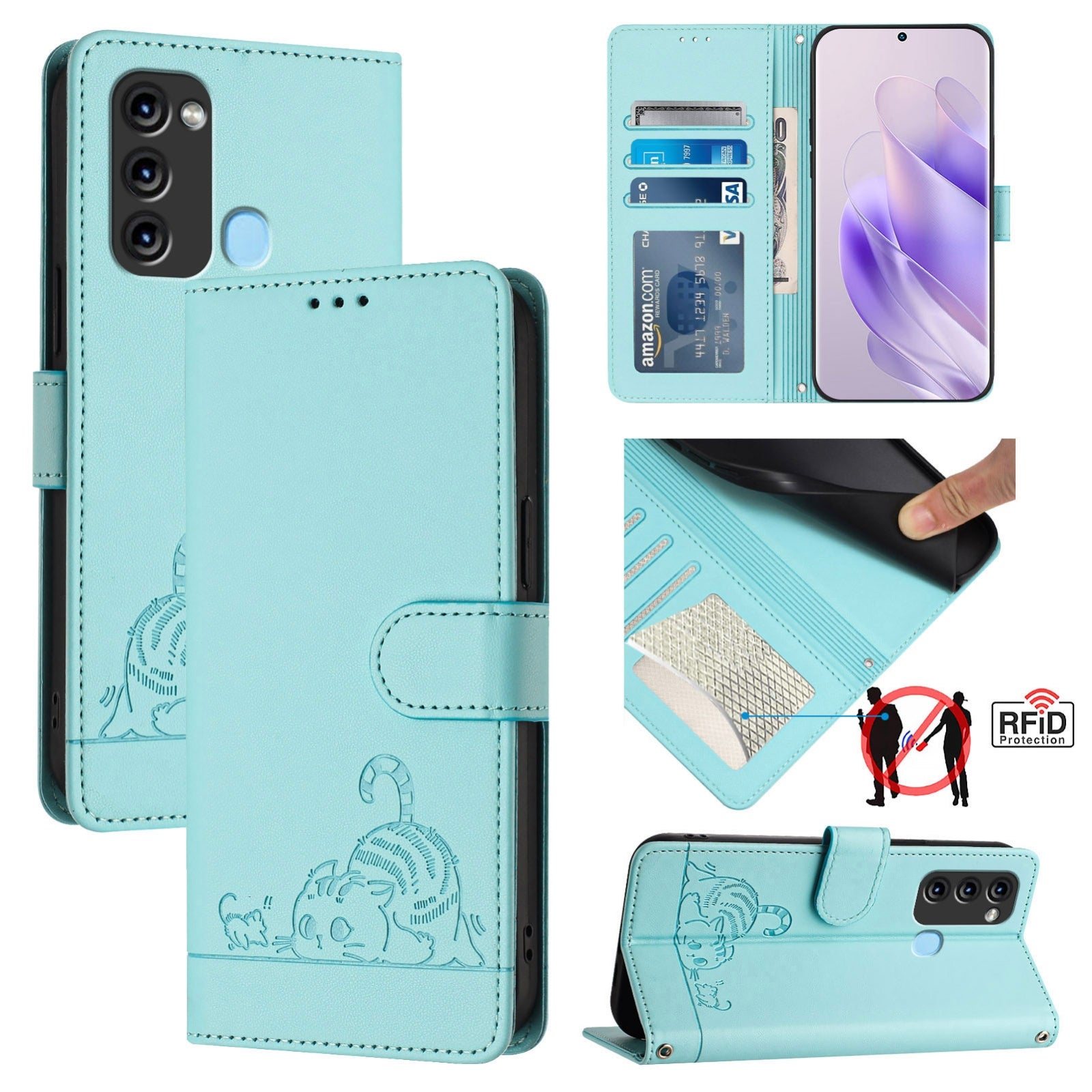 itel S17 S661W Cat and Mouse Embossed PU Leather RFID Case with Wallet Slots, Anti-Fall Protection, Kickstand, and Lanyard-buycases.co.uk