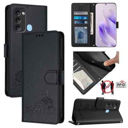 itel S17 S661W Cat and Mouse Embossed PU Leather RFID Case with Wallet Slots, Anti-Fall Protection, Kickstand, and Lanyard-buycases.co.uk