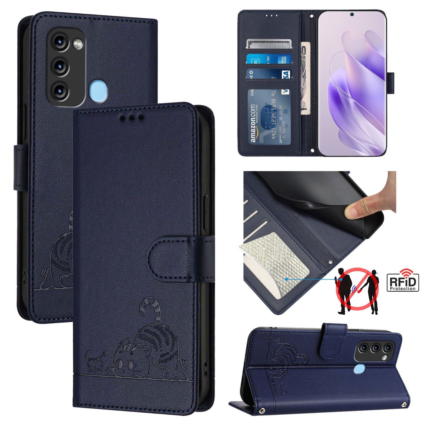 itel S17 S661W Cat and Mouse Embossed PU Leather RFID Case with Wallet Slots, Anti-Fall Protection, Kickstand, and Lanyard-buycases.co.uk