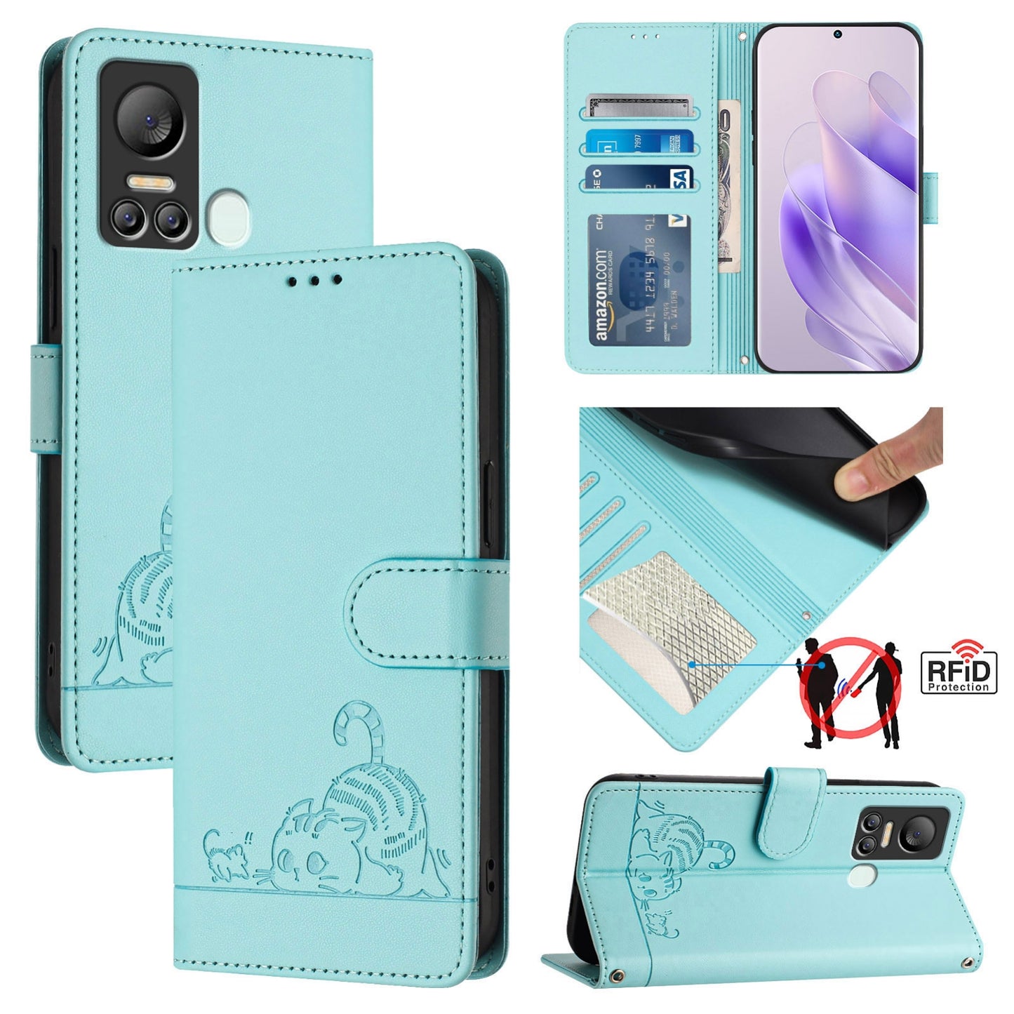itel S18 Cat and Mouse Embossed PU Leather RFID Case with Wallet Slots, Anti-Fall Protection, Kickstand, and Lanyard-buycases.co.uk