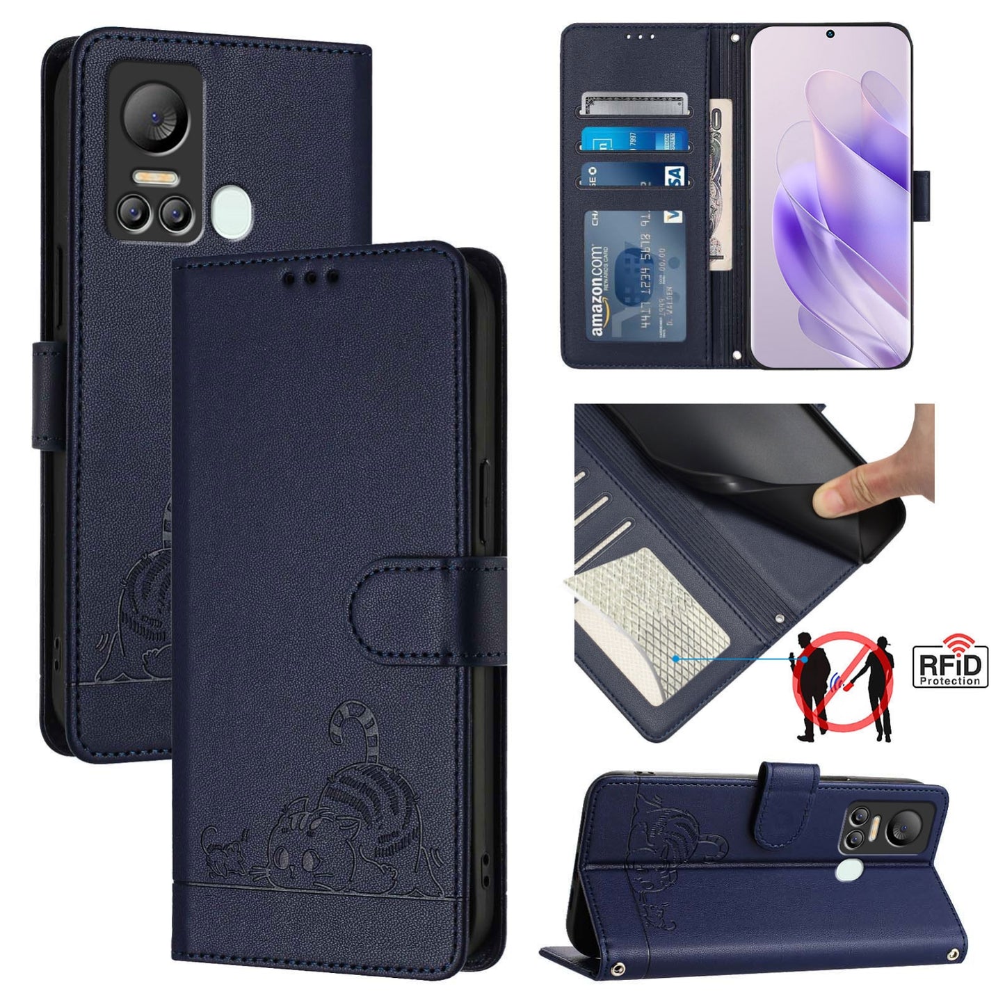 itel S18 Cat and Mouse Embossed PU Leather RFID Case with Wallet Slots, Anti-Fall Protection, Kickstand, and Lanyard-buycases.co.uk