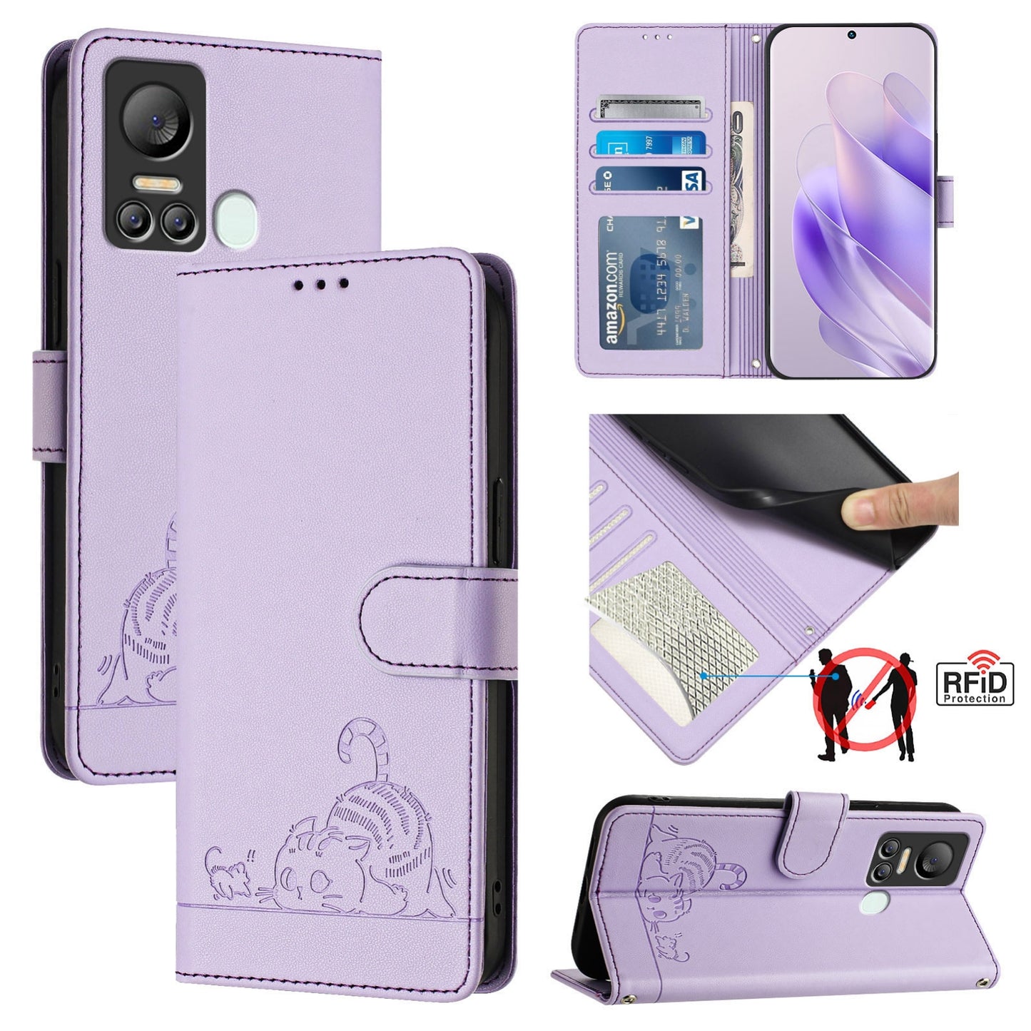 itel S18 Cat and Mouse Embossed PU Leather RFID Case with Wallet Slots, Anti-Fall Protection, Kickstand, and Lanyard-buycases.co.uk