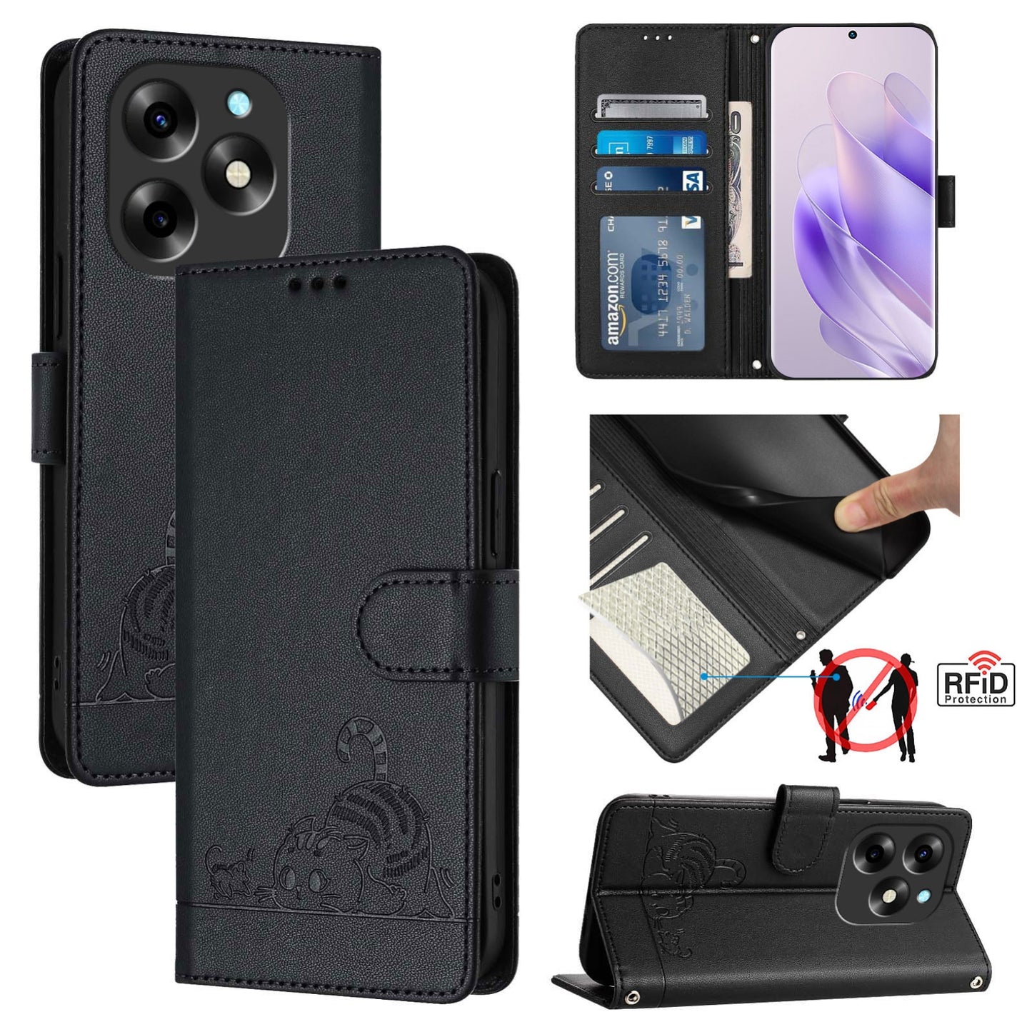 itel S23+ Cat and Mouse Embossed PU Leather RFID Case with Wallet Slots, Anti-Fall Protection, Kickstand, and Lanyard-buycases.co.uk