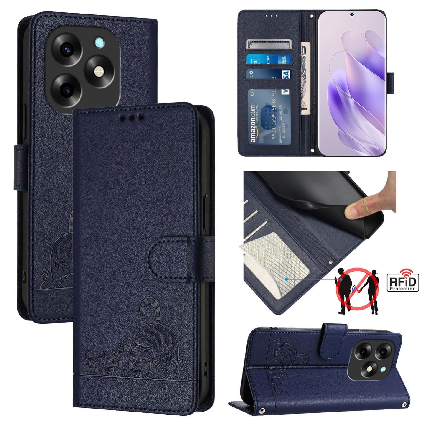 itel S23+ Cat and Mouse Embossed PU Leather RFID Case with Wallet Slots, Anti-Fall Protection, Kickstand, and Lanyard-buycases.co.uk