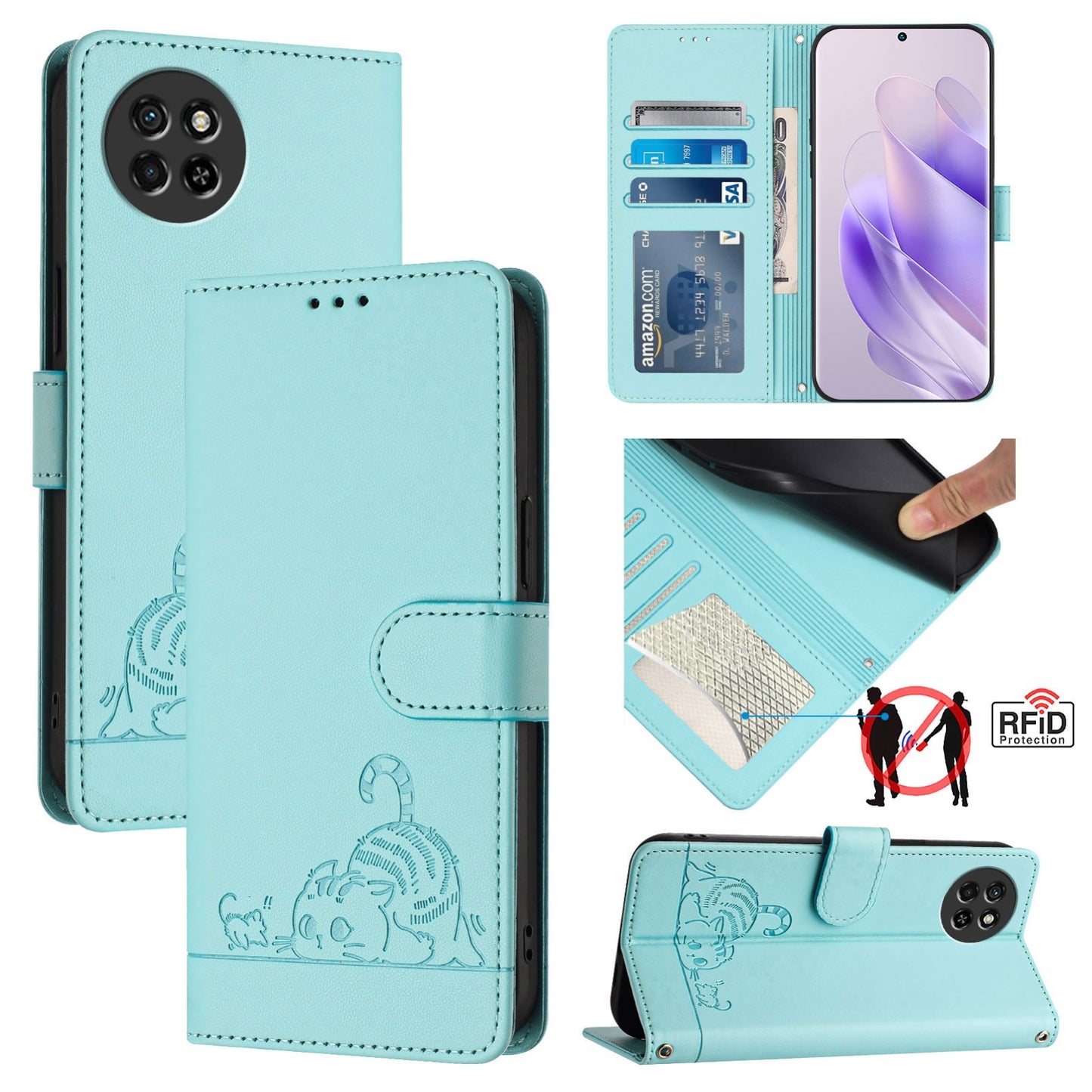 itel S23 S665L Cat and Mouse Embossed PU Leather RFID Case with Wallet Slots, Anti-Fall Protection, Kickstand, and Lanyard-buycases.co.uk