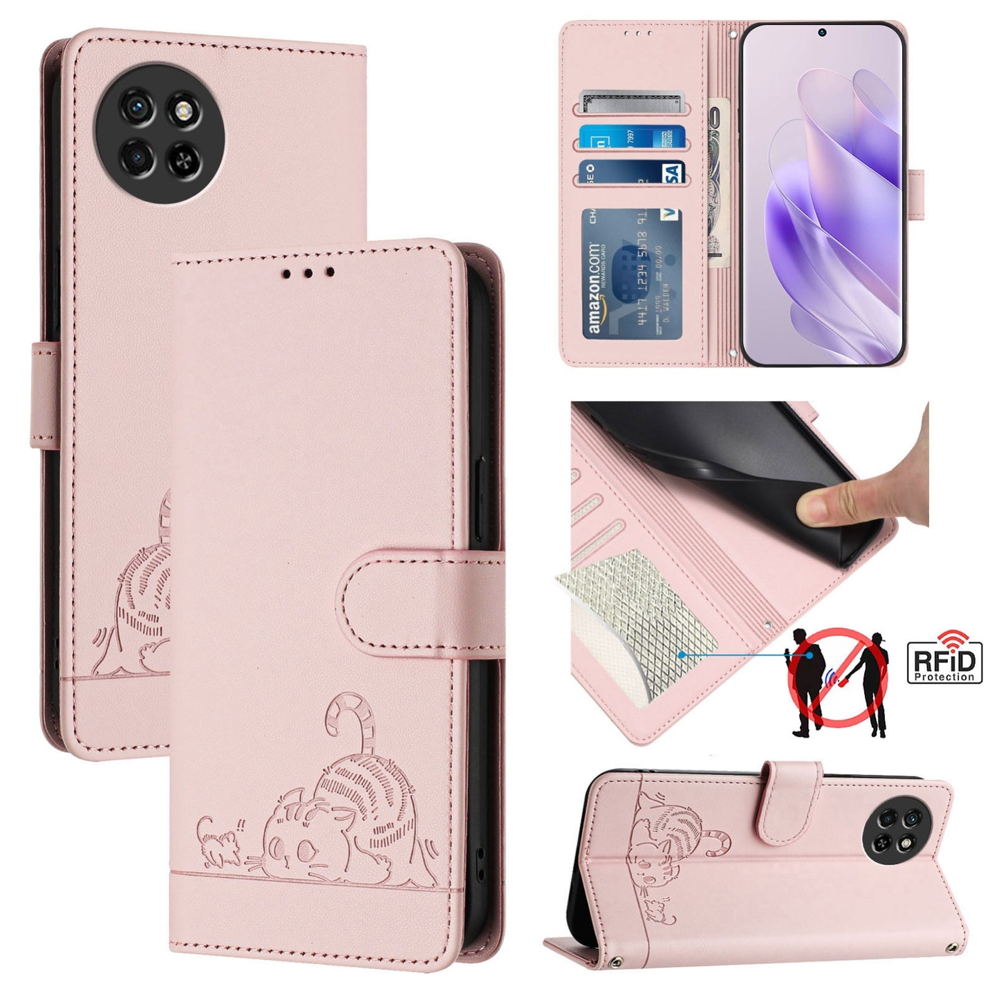 itel S23 S665L Cat and Mouse Embossed PU Leather RFID Case with Wallet Slots, Anti-Fall Protection, Kickstand, and Lanyard-buycases.co.uk