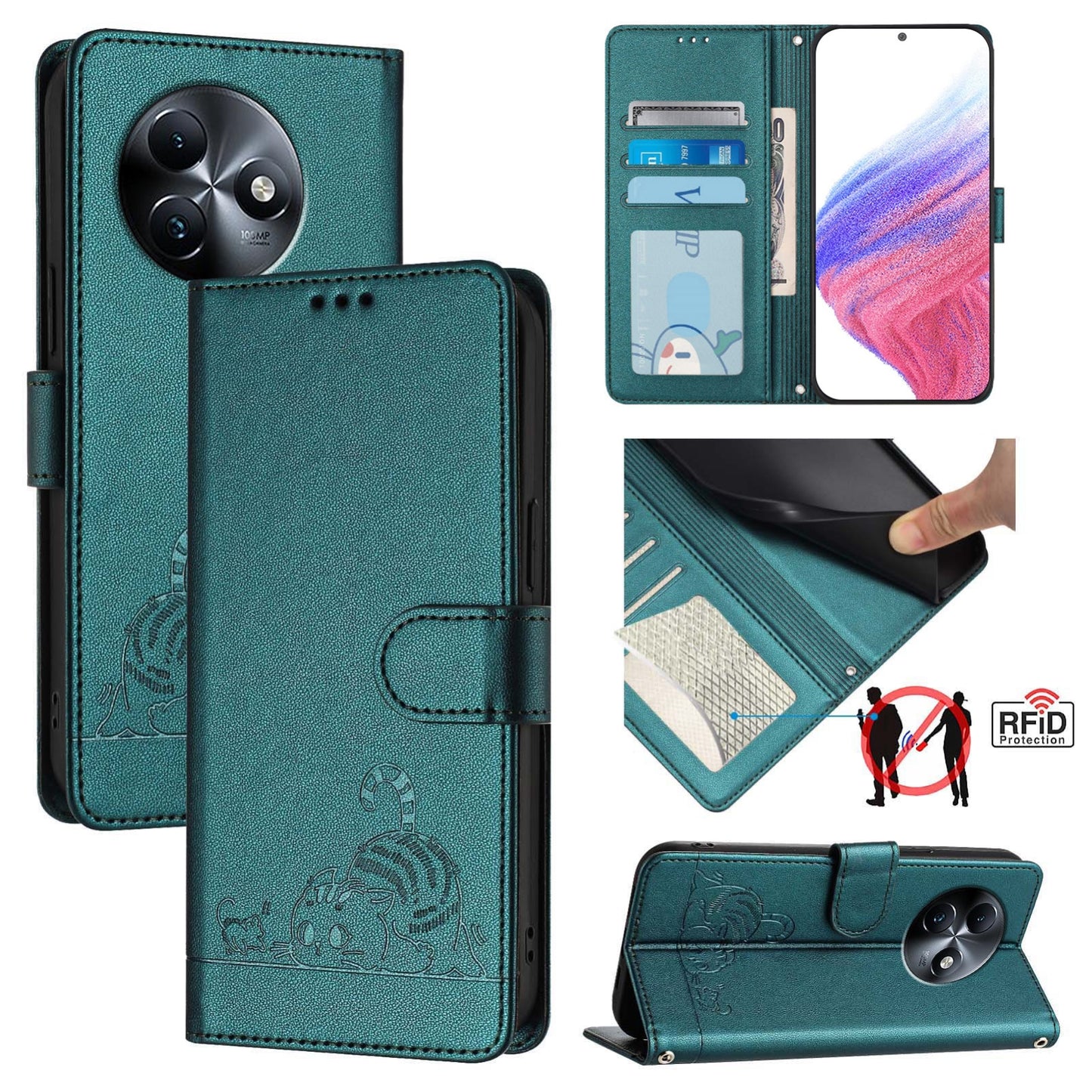 itel S24 Cat and Mouse Embossed PU Leather RFID Case with Wallet Slots, Anti-Fall Protection, Kickstand, and Lanyard-buycases.co.uk