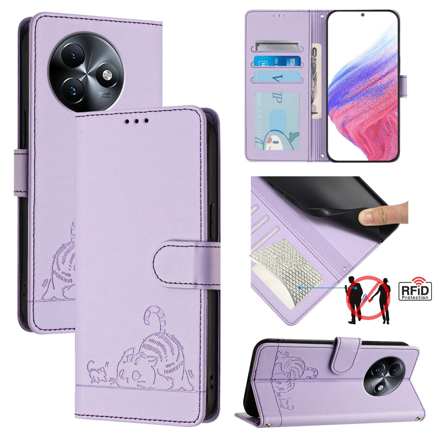 itel S24 Cat and Mouse Embossed PU Leather RFID Case with Wallet Slots, Anti-Fall Protection, Kickstand, and Lanyard-buycases.co.uk