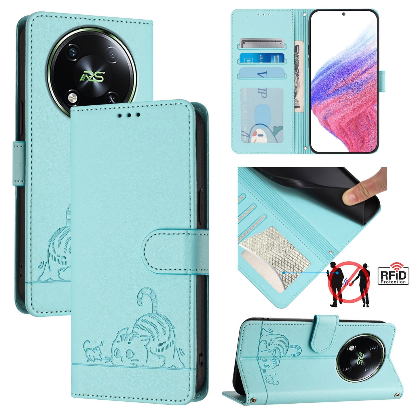 itel RS4 Cat and Mouse Embossed PU Leather RFID Case with Wallet Slots, Anti-Fall Protection, Kickstand, and Lanyard-buycases.co.uk