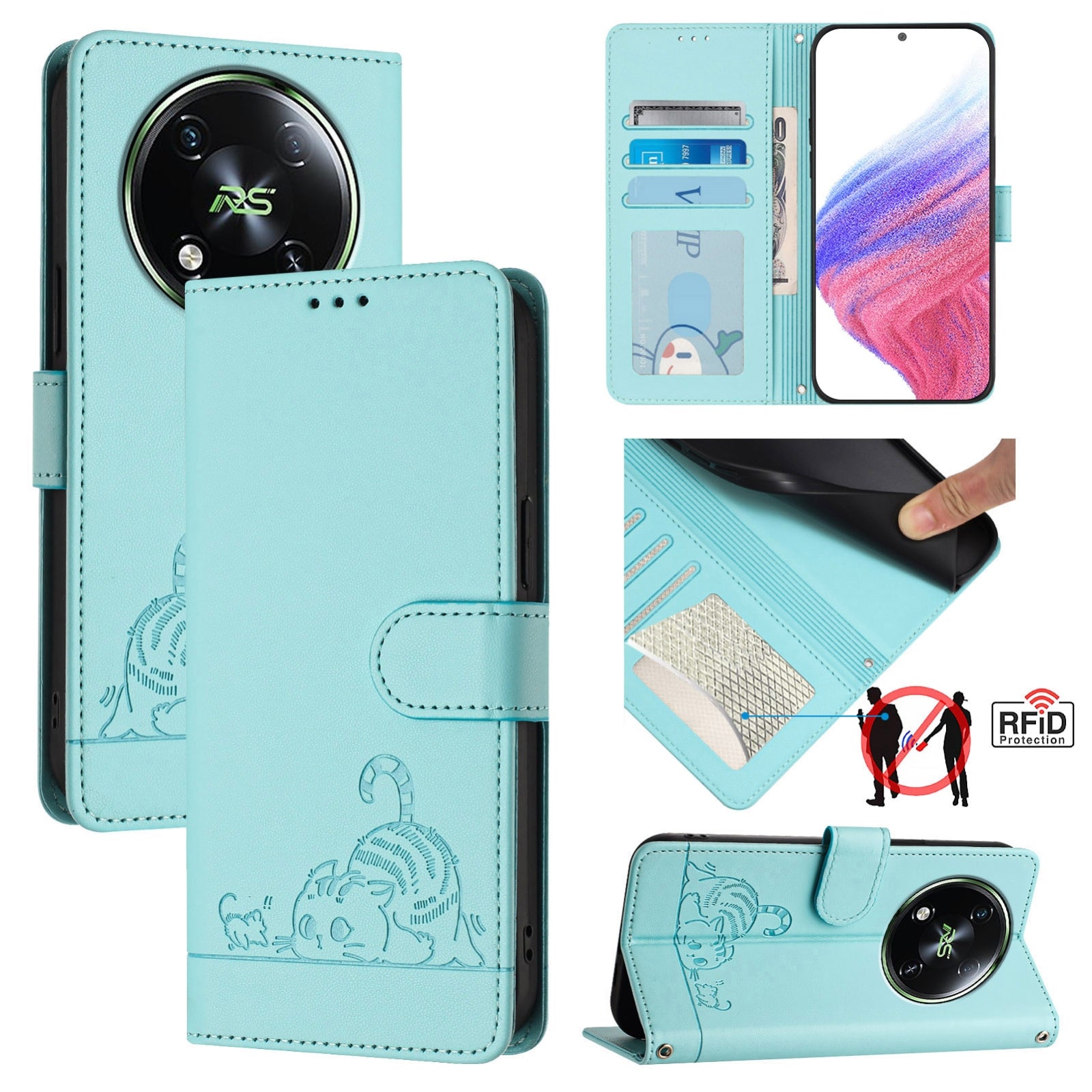 itel RS4 Cat and Mouse Embossed PU Leather RFID Case with Wallet Slots, Anti-Fall Protection, Kickstand, and Lanyard-buycases.co.uk