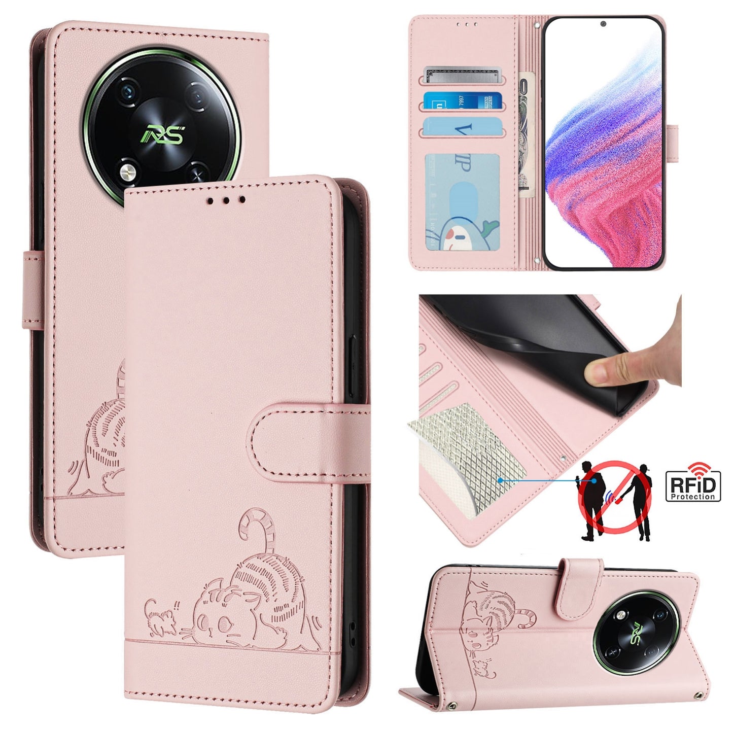 itel RS4 Cat and Mouse Embossed PU Leather RFID Case with Wallet Slots, Anti-Fall Protection, Kickstand, and Lanyard-buycases.co.uk