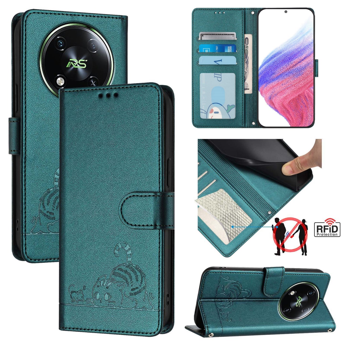 itel S666LN Cat and Mouse Embossed PU Leather RFID Case with Wallet Slots, Anti-Fall Protection, Kickstand, and Lanyard-buycases.co.uk