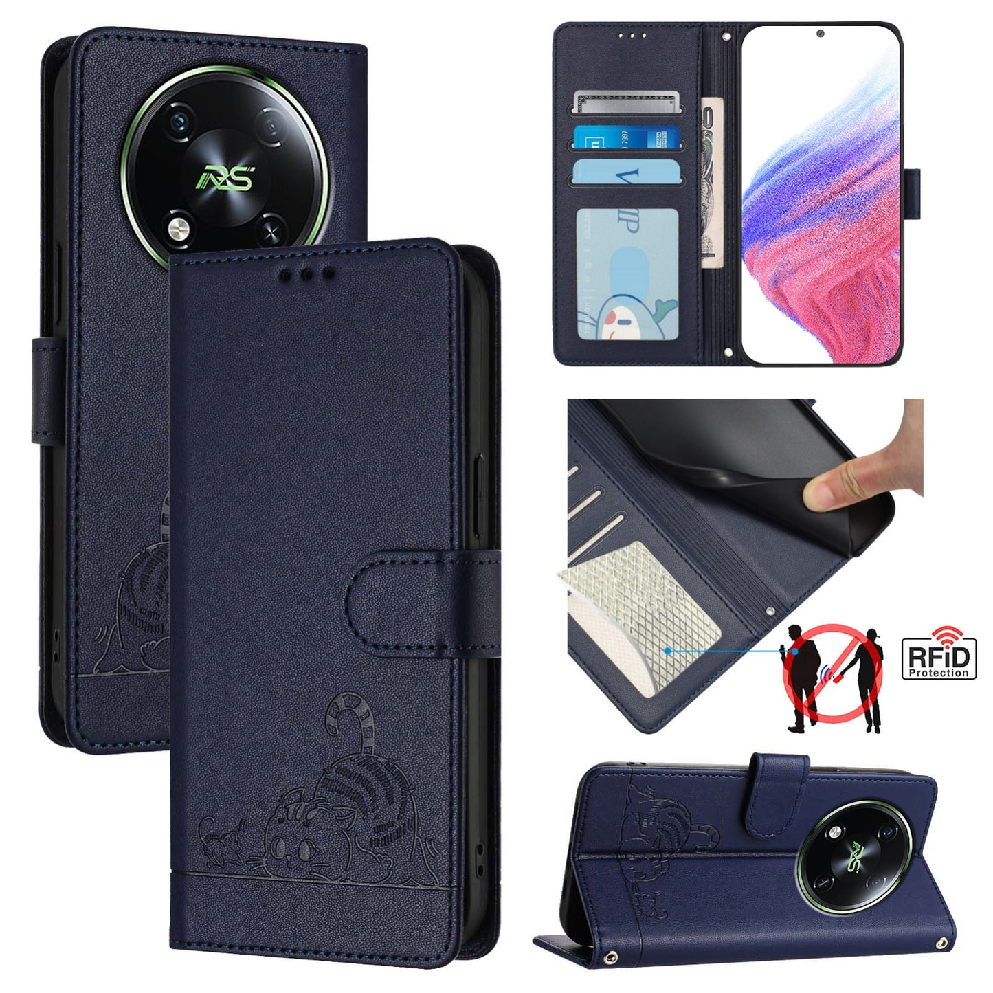 itel RS4 Cat and Mouse Embossed PU Leather RFID Case with Wallet Slots, Anti-Fall Protection, Kickstand, and Lanyard-buycases.co.uk