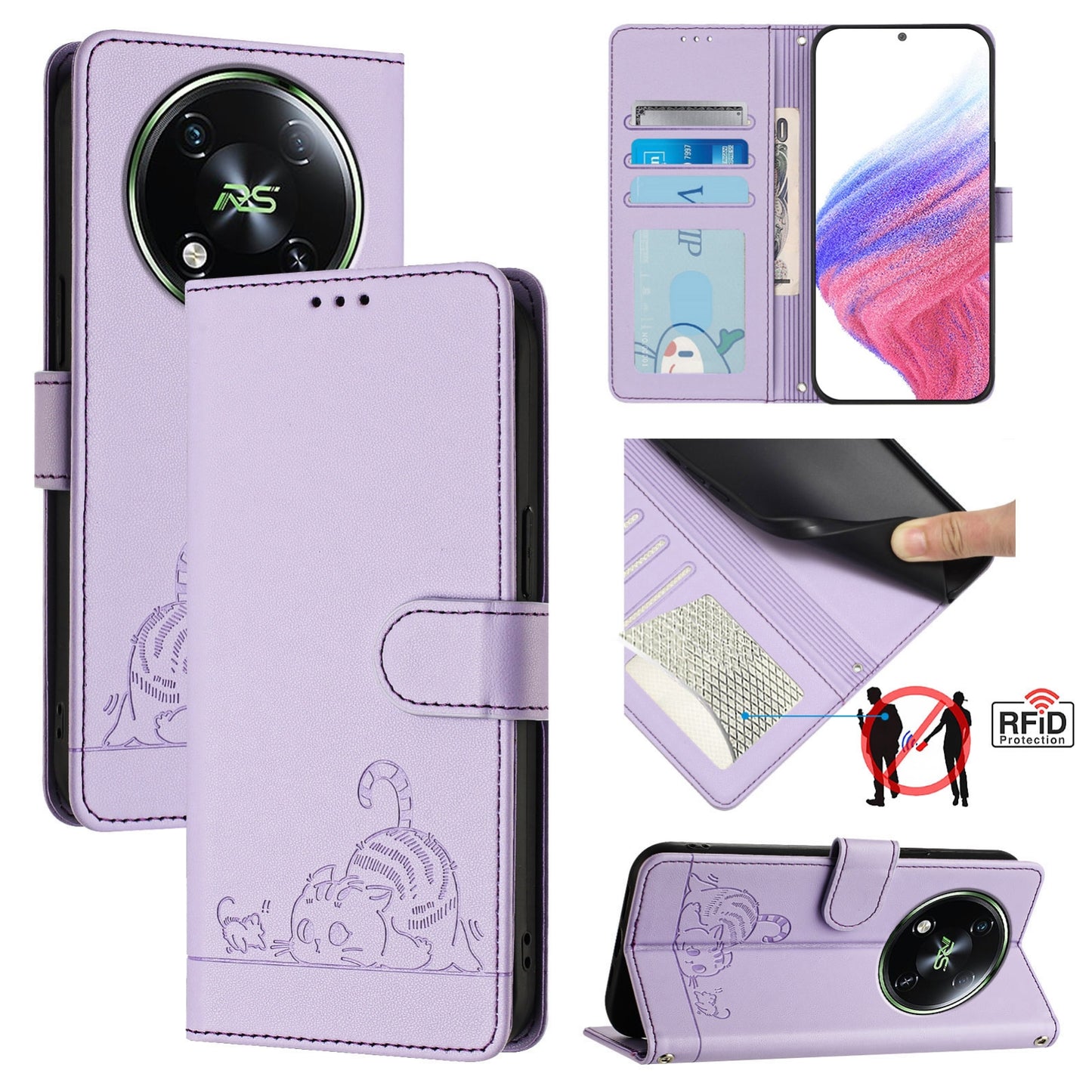 itel RS4 Cat and Mouse Embossed PU Leather RFID Case with Wallet Slots, Anti-Fall Protection, Kickstand, and Lanyard-buycases.co.uk