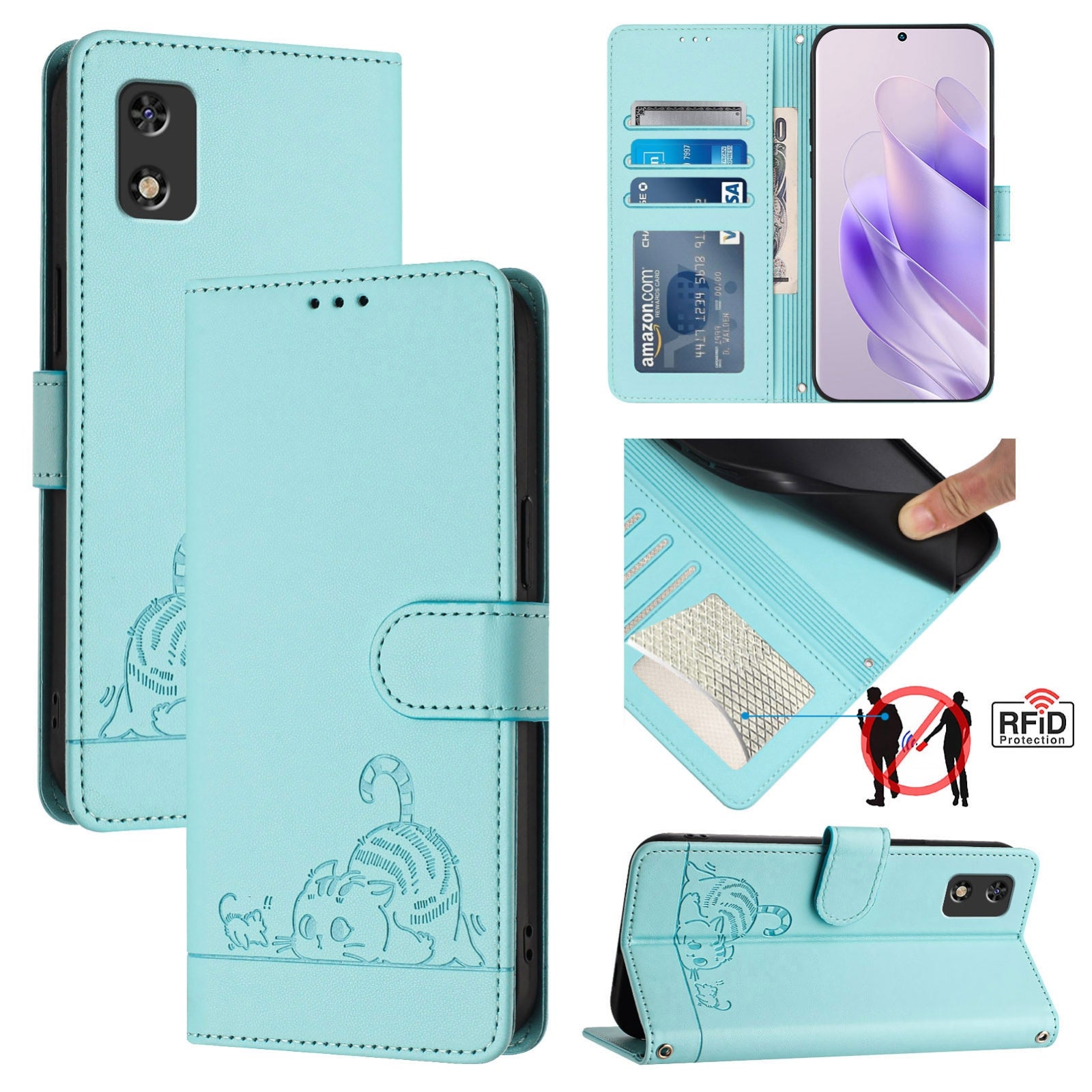 Tecno POP 5C Cat and Mouse Embossed PU Leather RFID Case with Wallet Slots, Anti-Fall Protection, Kickstand, and Lanyard-buycases.co.uk