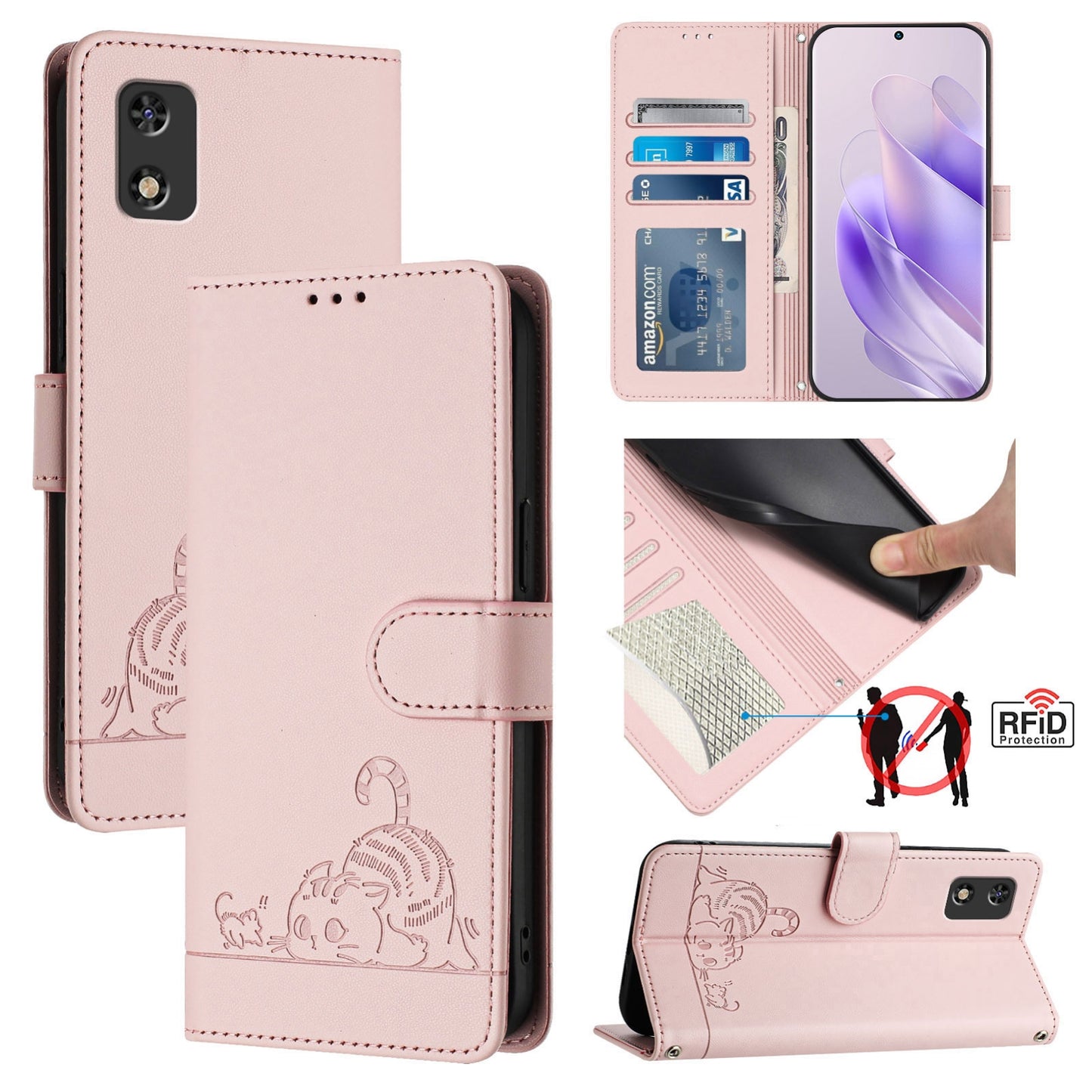 Tecno POP 5C Cat and Mouse Embossed PU Leather RFID Case with Wallet Slots, Anti-Fall Protection, Kickstand, and Lanyard-buycases.co.uk