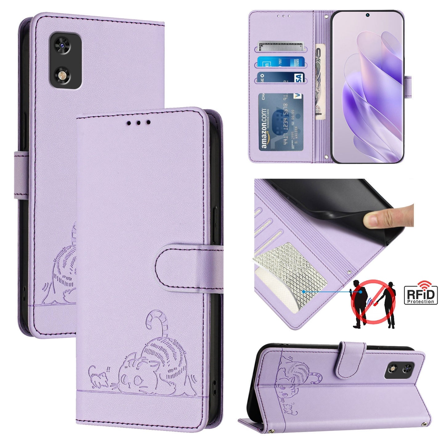 Tecno POP 5C Cat and Mouse Embossed PU Leather RFID Case with Wallet Slots, Anti-Fall Protection, Kickstand, and Lanyard-buycases.co.uk