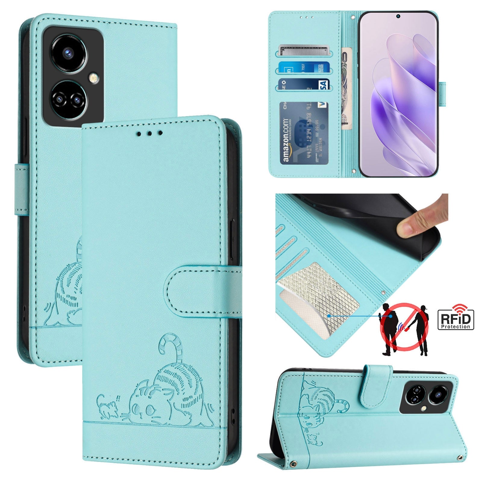 Tecno Camon 19 Cat and Mouse Embossed PU Leather RFID Case with Wallet Slots, Anti-Fall Protection, Kickstand, and Lanyard-buycases.co.uk
