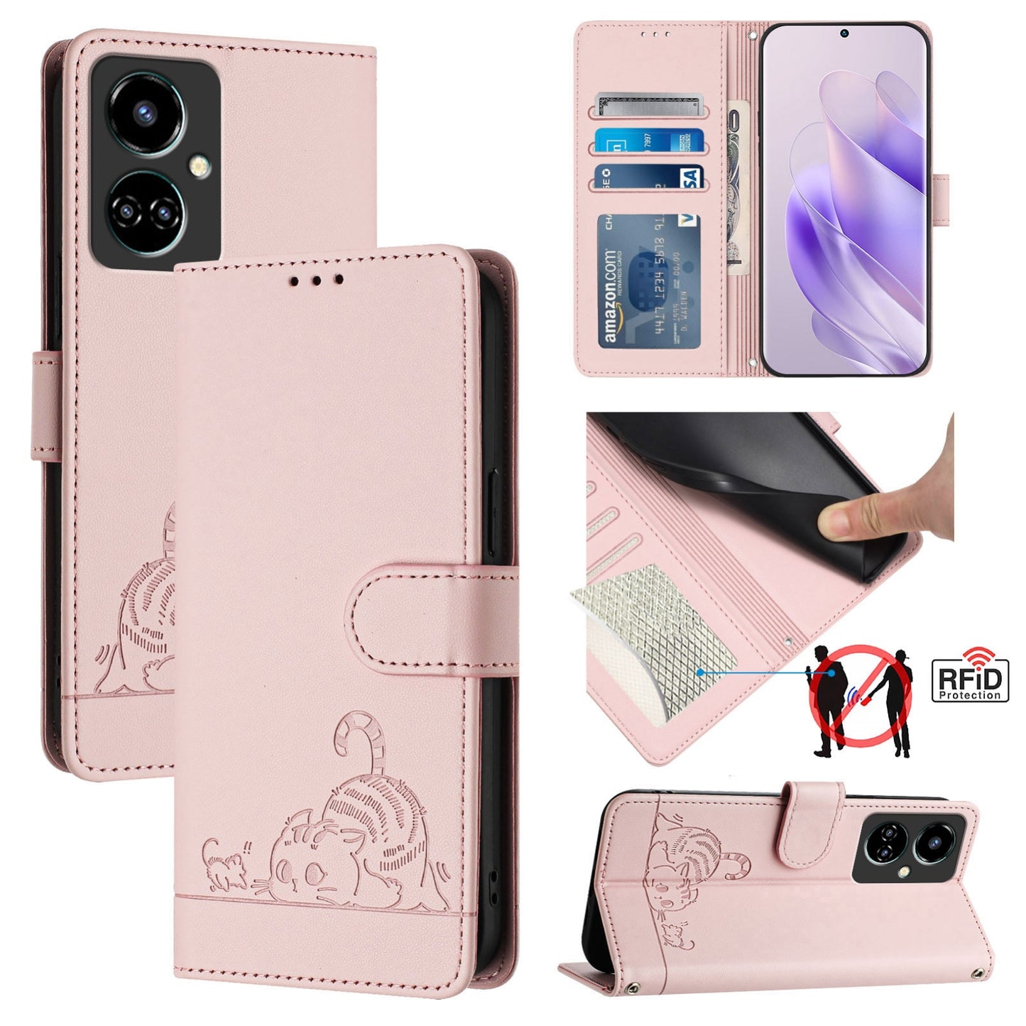 Tecno Camon 19 Cat and Mouse Embossed PU Leather RFID Case with Wallet Slots, Anti-Fall Protection, Kickstand, and Lanyard-buycases.co.uk
