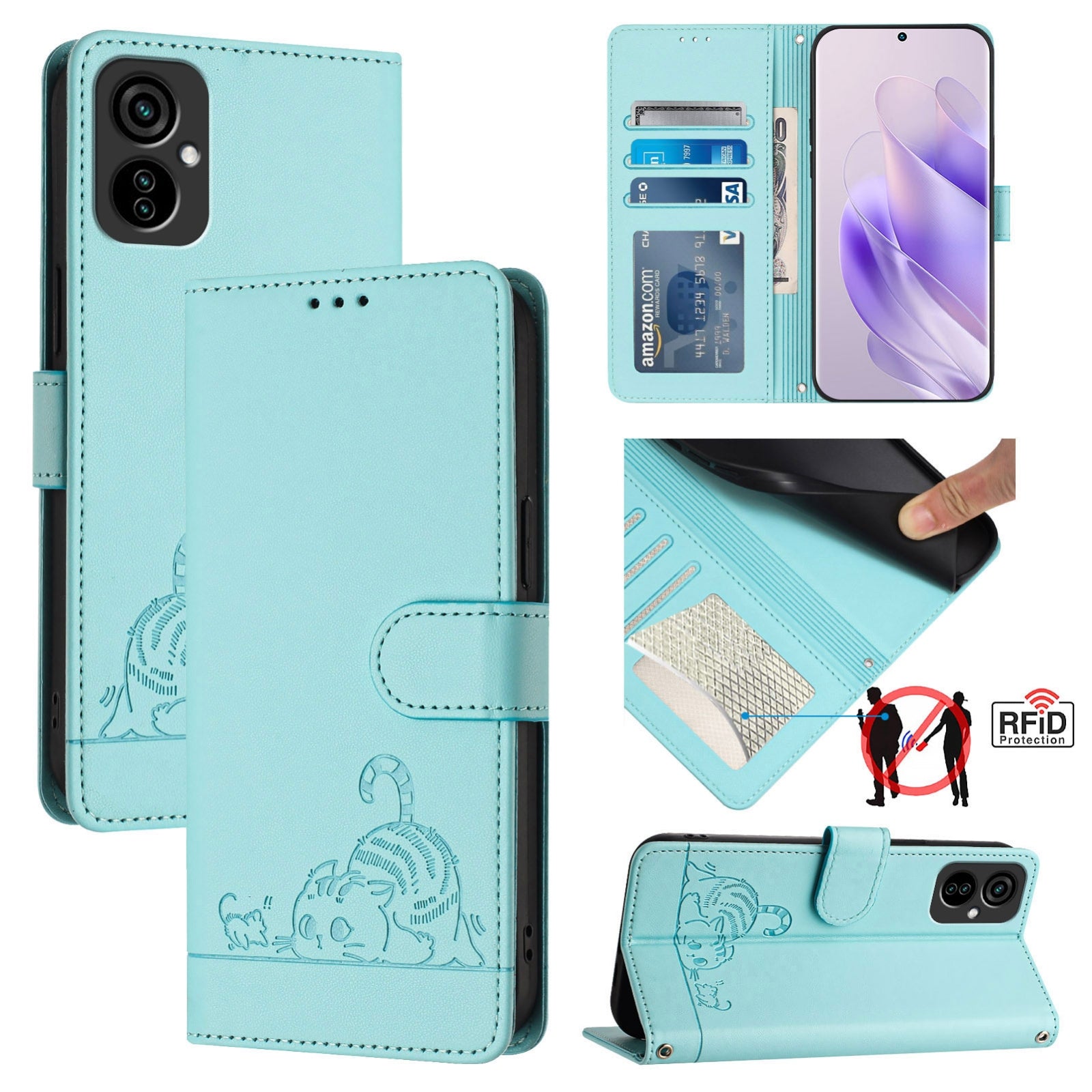 Tecno Camon 19 NEO Cat and Mouse Embossed PU Leather RFID Case with Wallet Slots, Anti-Fall Protection, Kickstand, and Lanyard-buycases.co.uk