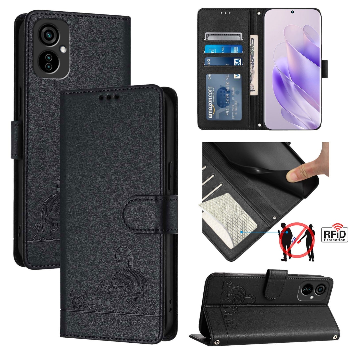 Tecno Camon 19 NEO Cat and Mouse Embossed PU Leather RFID Case with Wallet Slots, Anti-Fall Protection, Kickstand, and Lanyard-buycases.co.uk