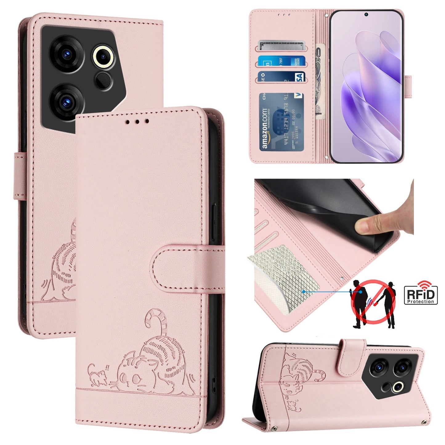 Tecno Camon 20 CK9N Cat and Mouse Embossed PU Leather RFID Case with Wallet Slots, Anti-Fall Protection, Kickstand, and Lanyard-buycases.co.uk