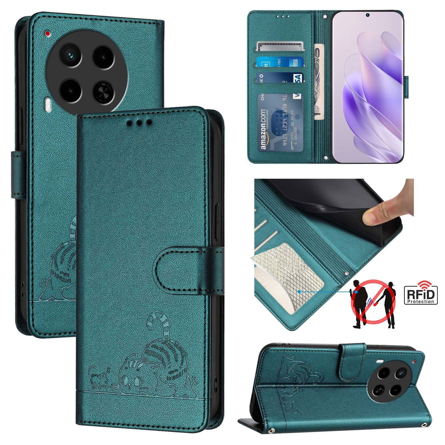 Tecno Camon 30 4G Cat and Mouse Embossed PU Leather RFID Case with Wallet Slots, Anti-Fall Protection, Kickstand, and Lanyard-buycases.co.uk