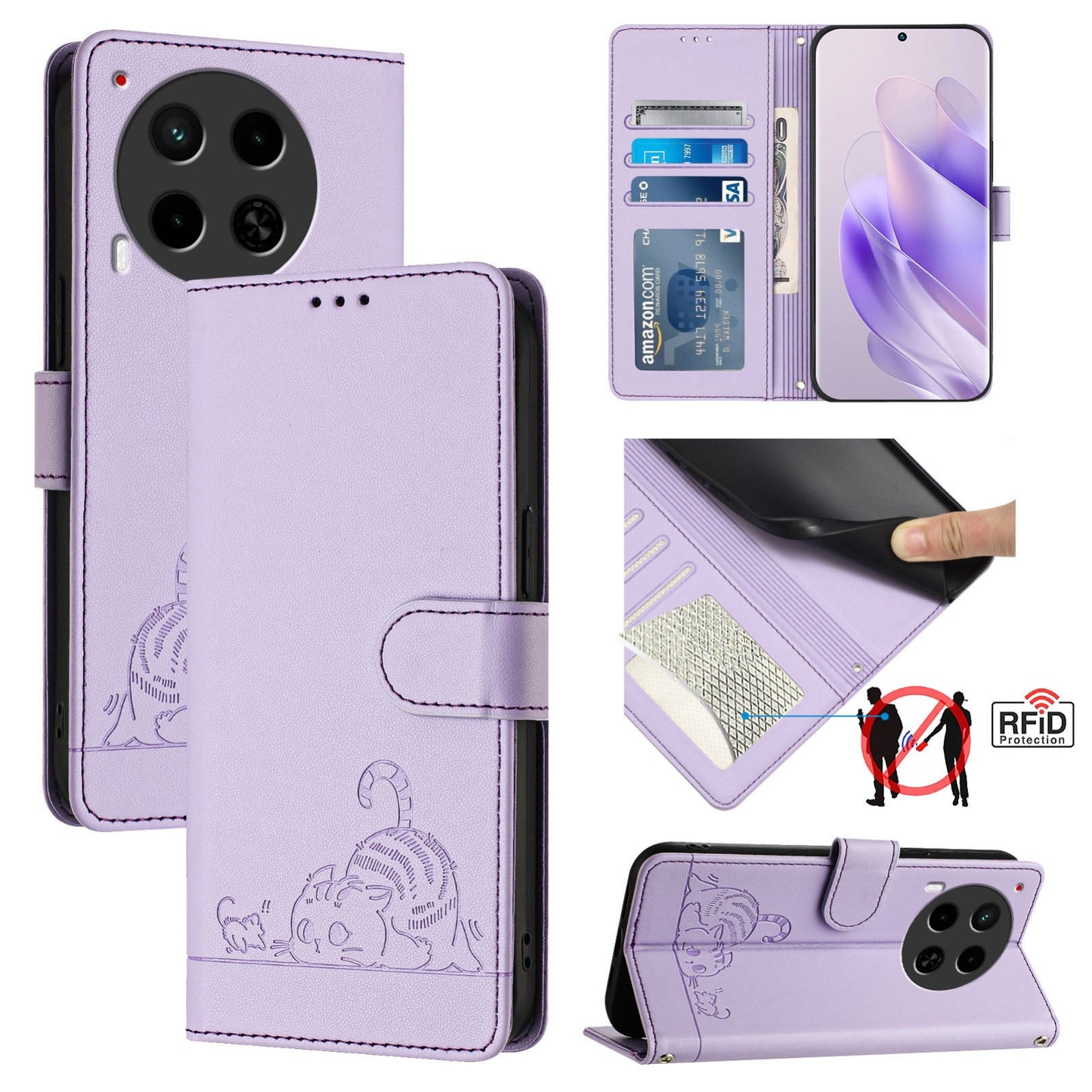 Tecno Camon 30 4G Cat and Mouse Embossed PU Leather RFID Case with Wallet Slots, Anti-Fall Protection, Kickstand, and Lanyard-buycases.co.uk
