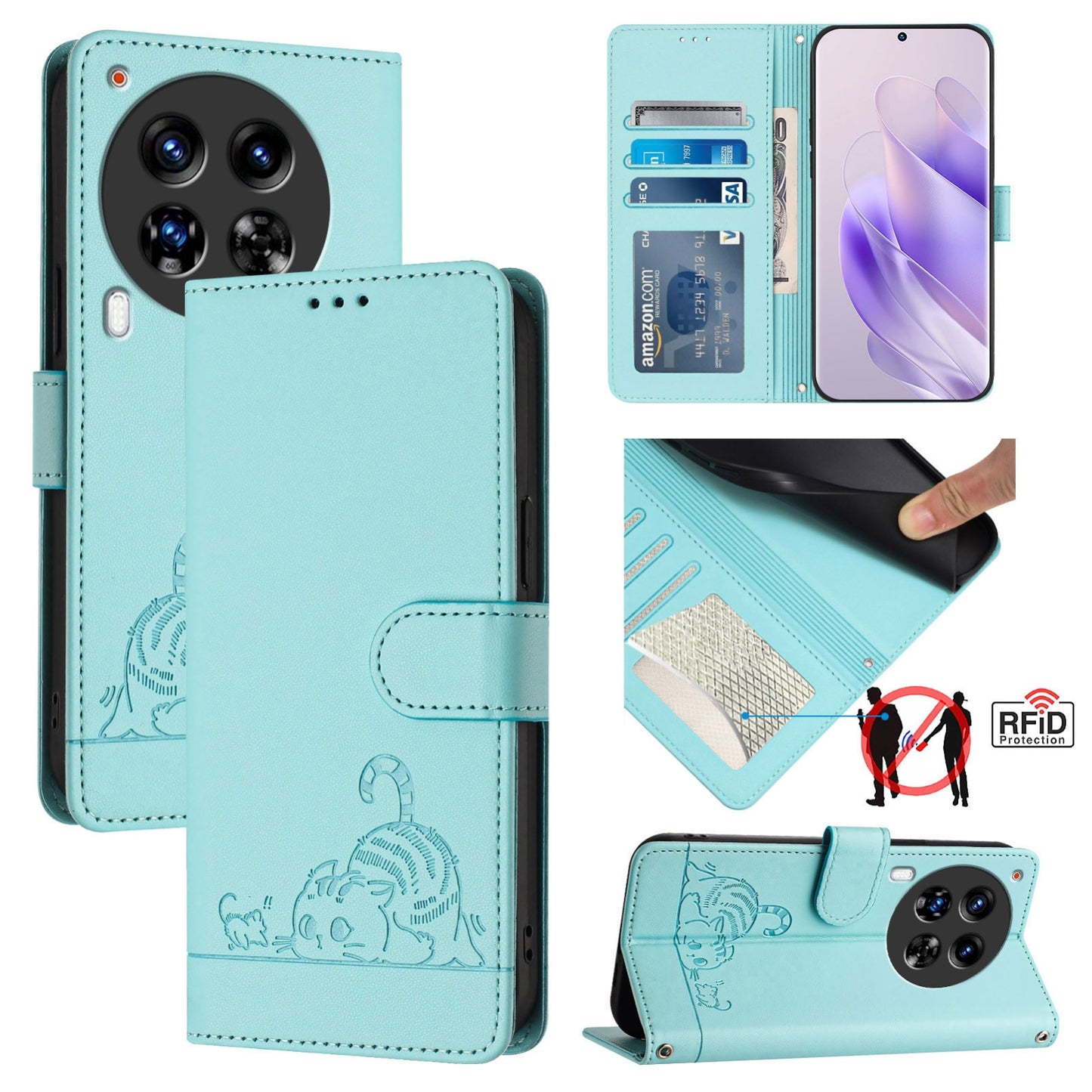 Tecno Camon 30 Premier 5G cl9 Cat and Mouse Embossed PU Leather RFID Case with Wallet Slots, Anti-Fall Protection, Kickstand, and Lanyard-buycases.co.uk