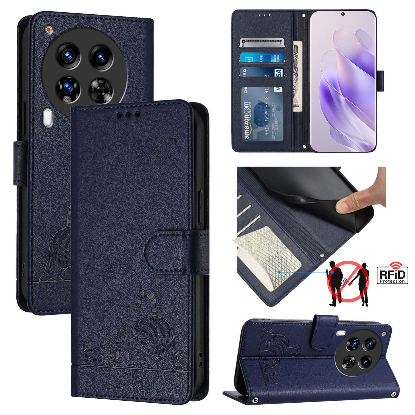 Tecno Camon 30 Premier 5G cl9 Cat and Mouse Embossed PU Leather RFID Case with Wallet Slots, Anti-Fall Protection, Kickstand, and Lanyard-buycases.co.uk