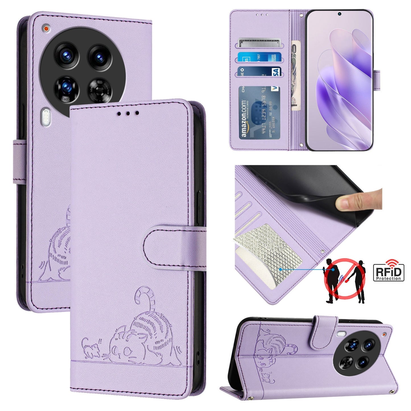 Tecno Camon 30 Premier 5G cl9 Cat and Mouse Embossed PU Leather RFID Case with Wallet Slots, Anti-Fall Protection, Kickstand, and Lanyard-buycases.co.uk