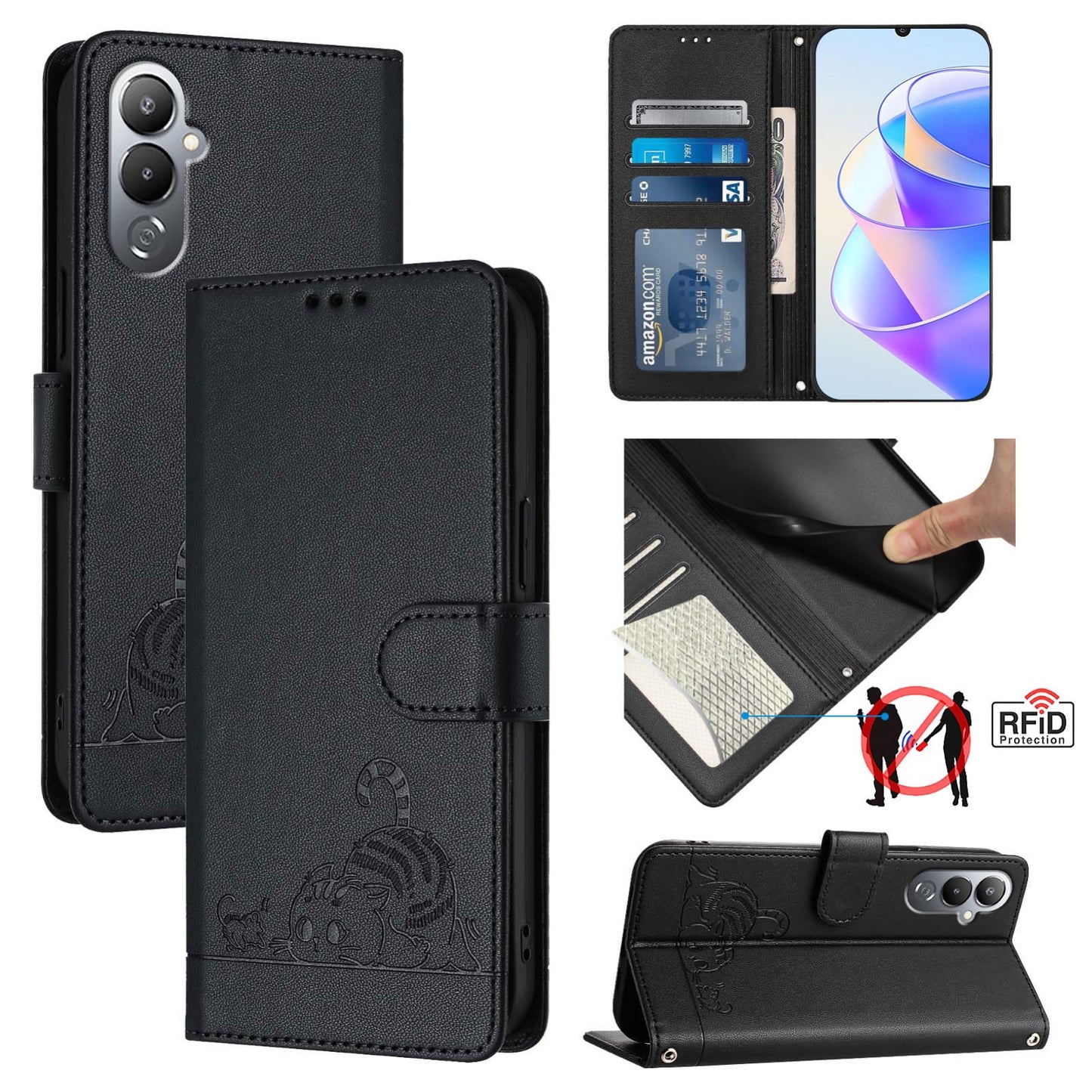 Tecno POVA 4 Pro Cat and Mouse Embossed PU Leather RFID Case with Wallet Slots, Anti-Fall Protection, Kickstand, and Lanyard-buycases.co.uk